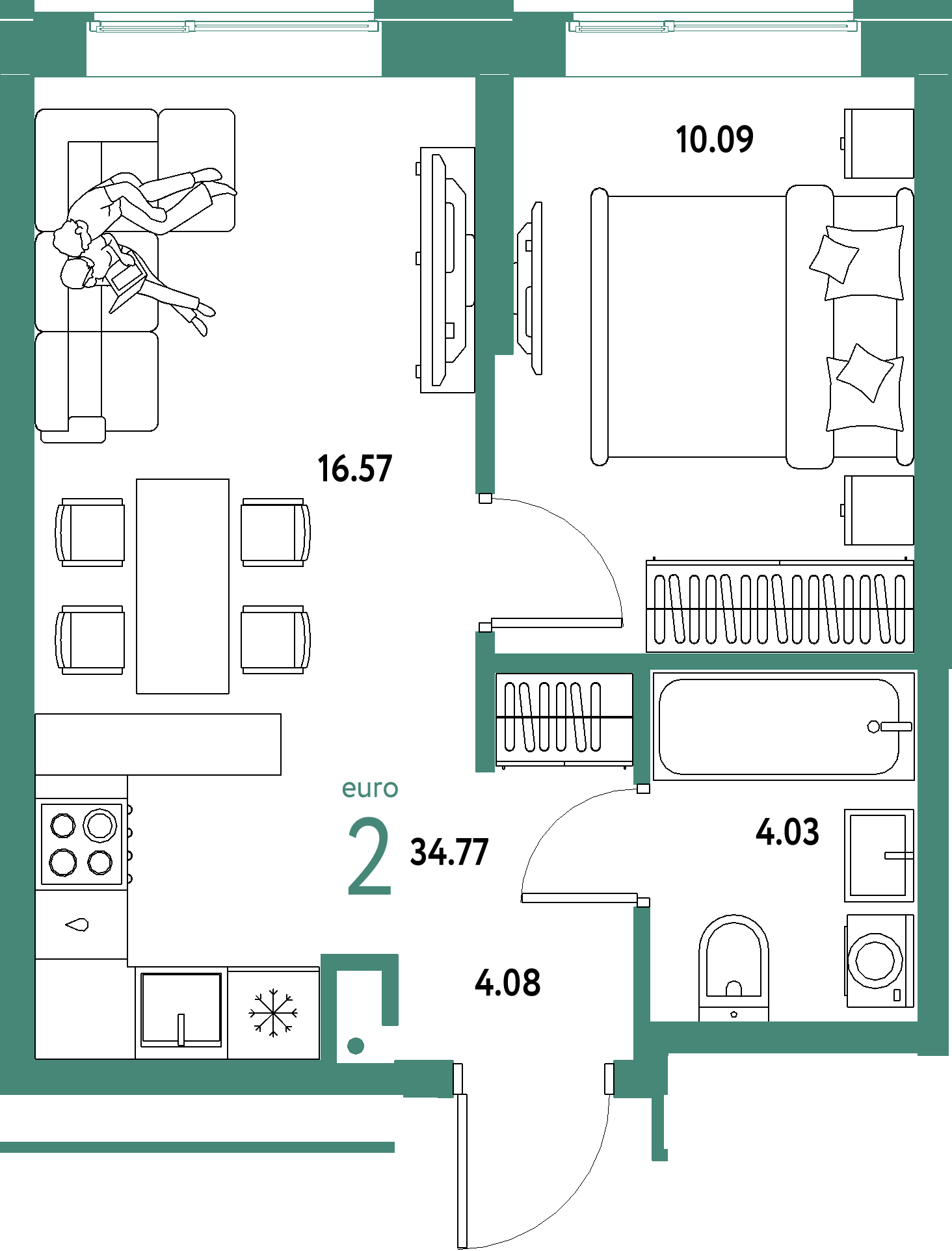 ЖК "Домашний"-2-комнатная 34.77 м²