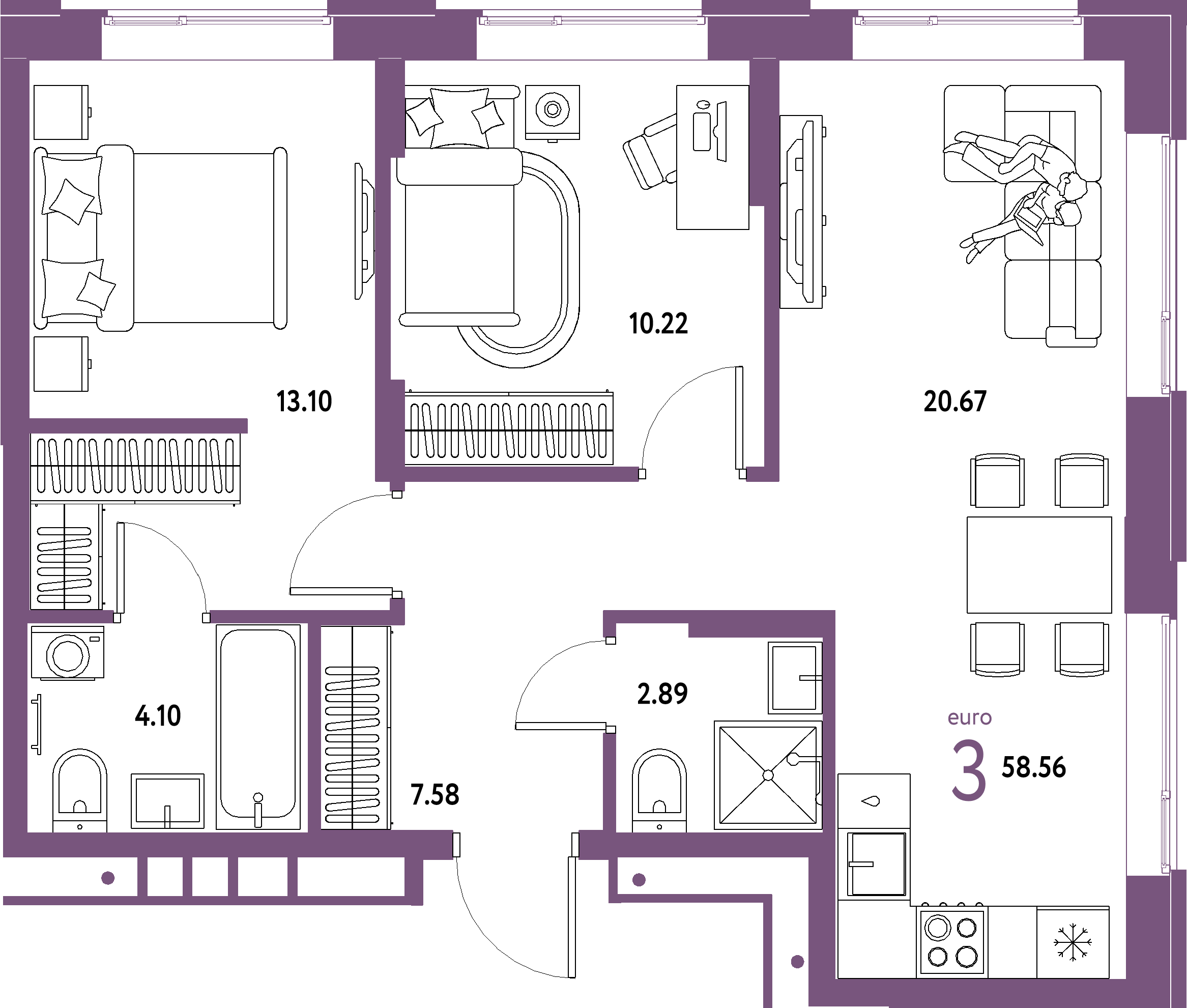 Купить 3-комнатную квартиру 58.56м², этаж №11 кв №251 в ЖК 