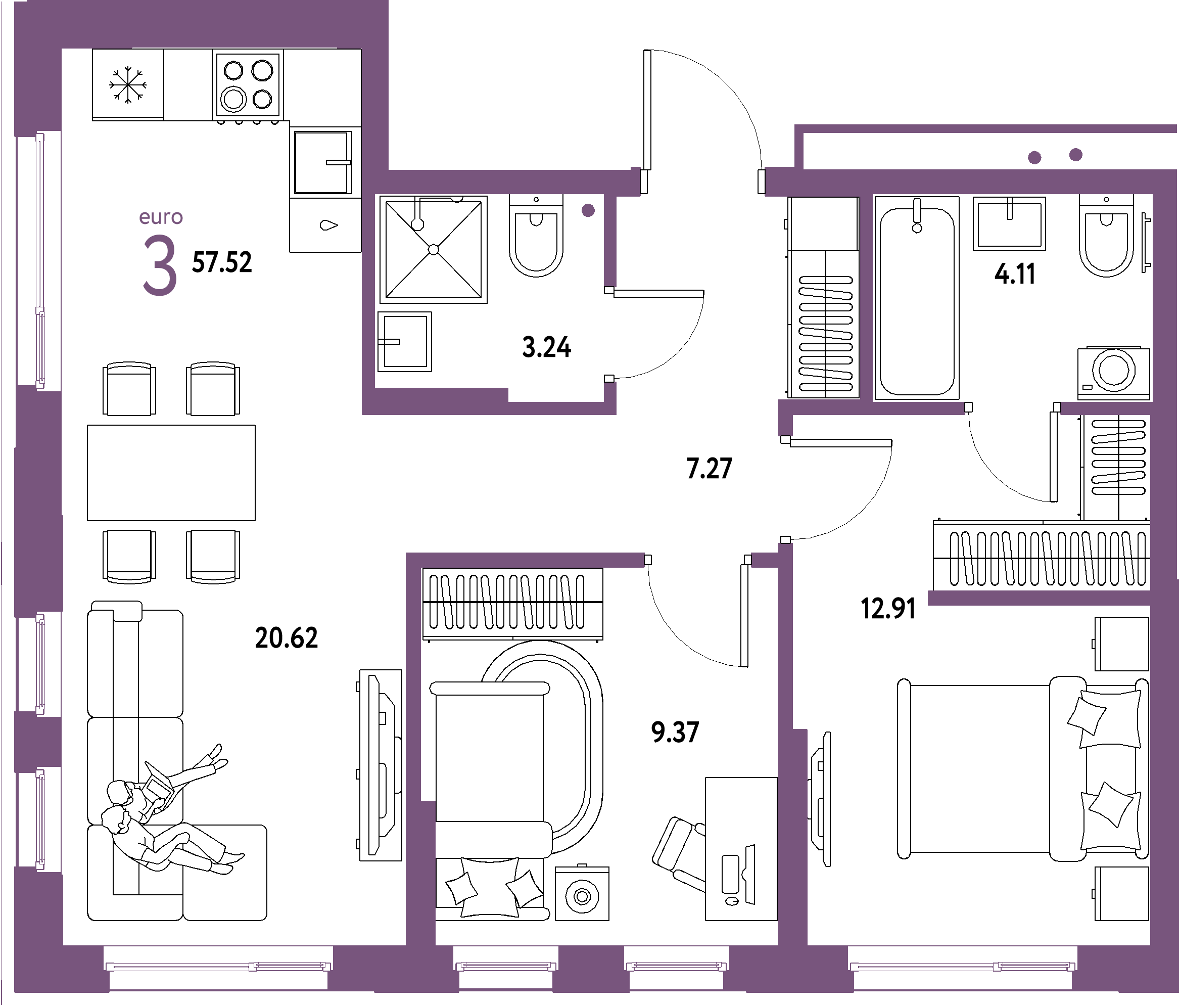 ЖК "Домашний"-3-комнатная 57.52 м²