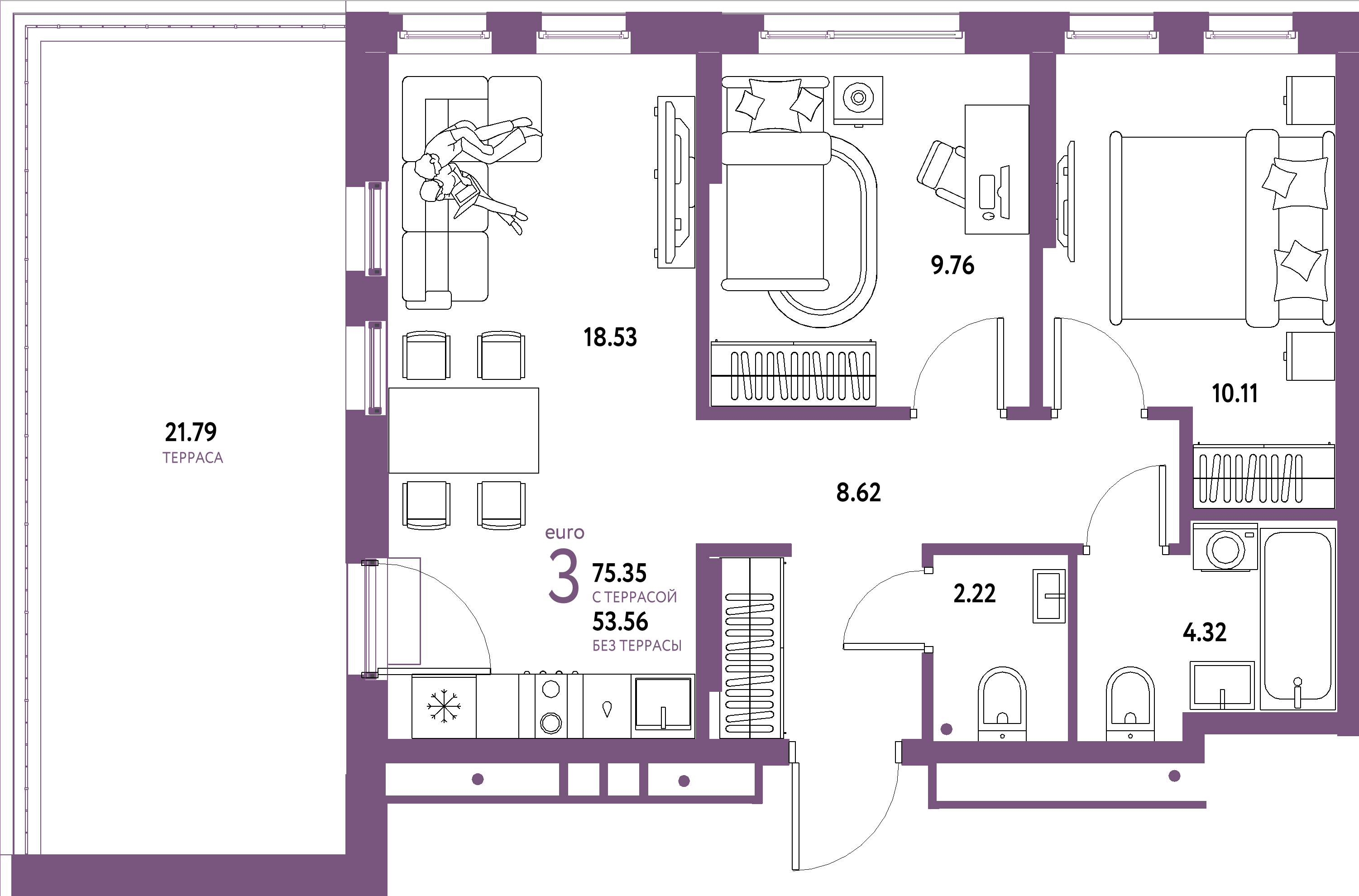 ЖК "Домашний"-3-комнатная 75.35 м²