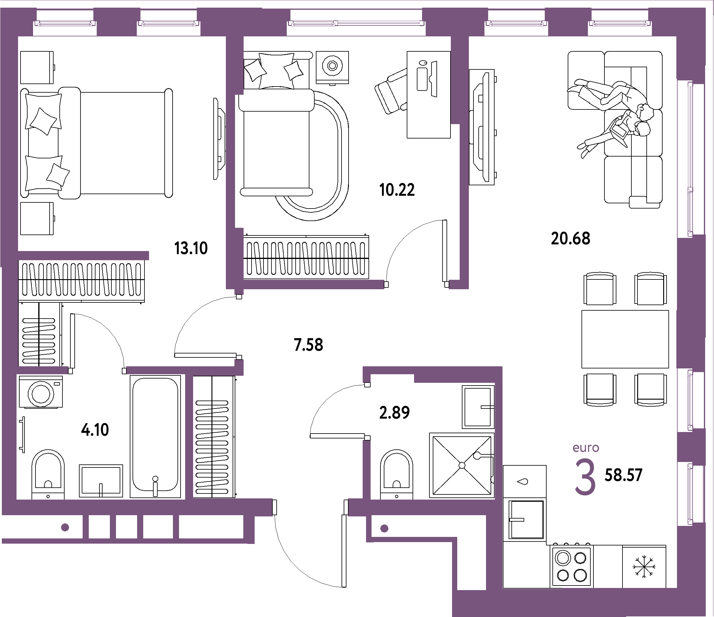 Купить 3-комнатную квартиру 58.57м², этаж №12 кв №260 в ЖК 