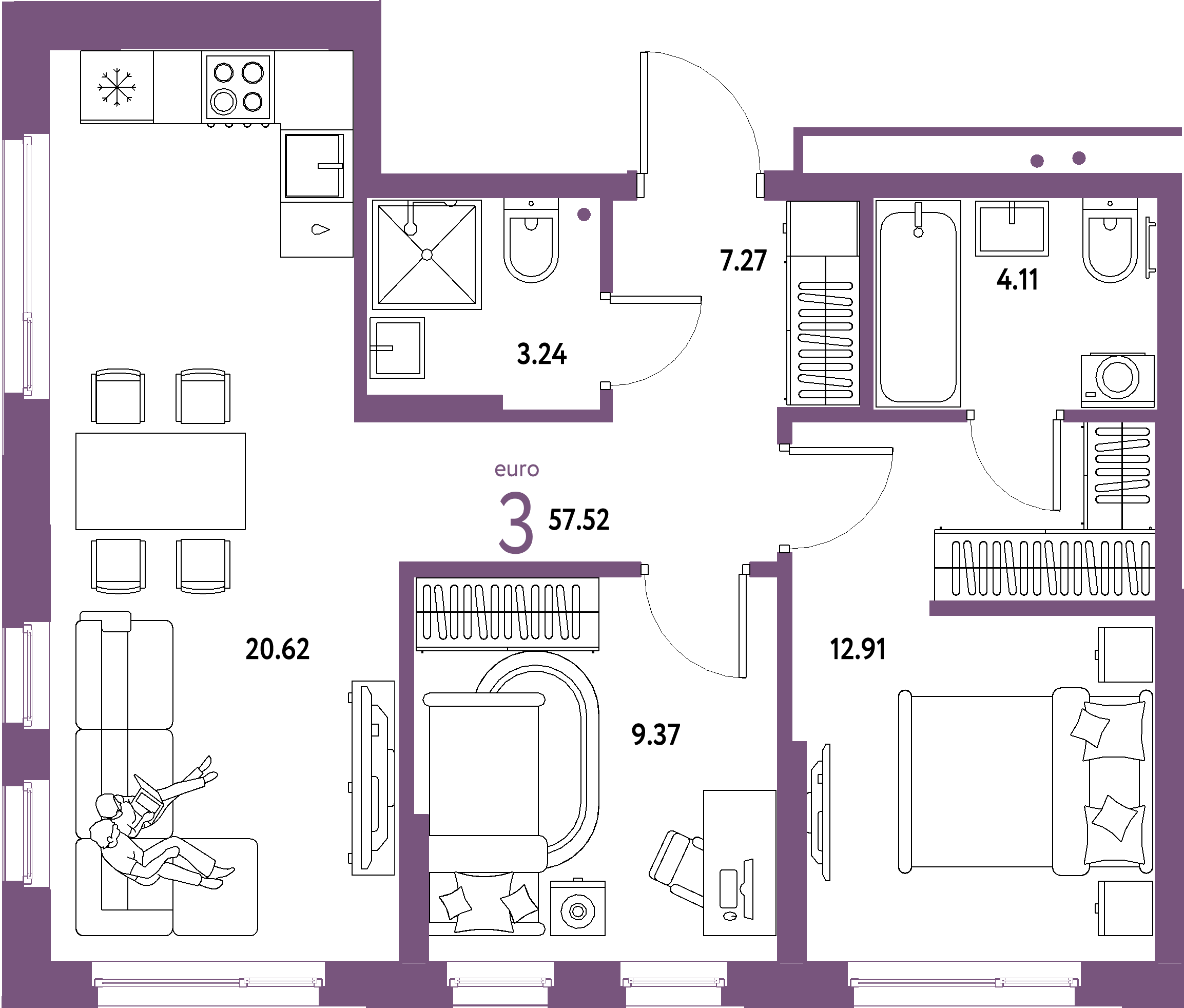 ЖК "Домашний"-3-комнатная 57.52 м²