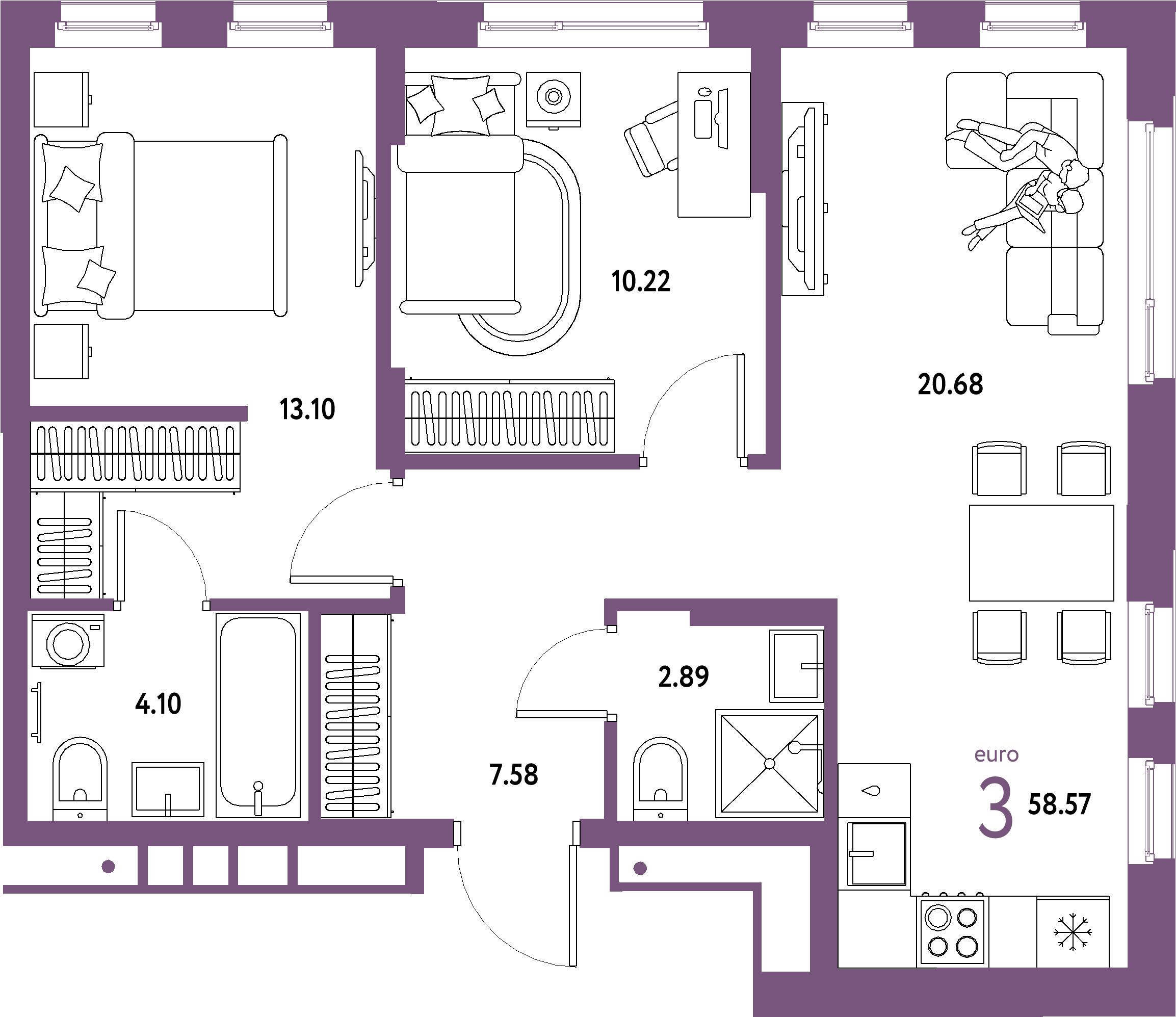 ЖК "Домашний"-3-комнатная 58.57 м²