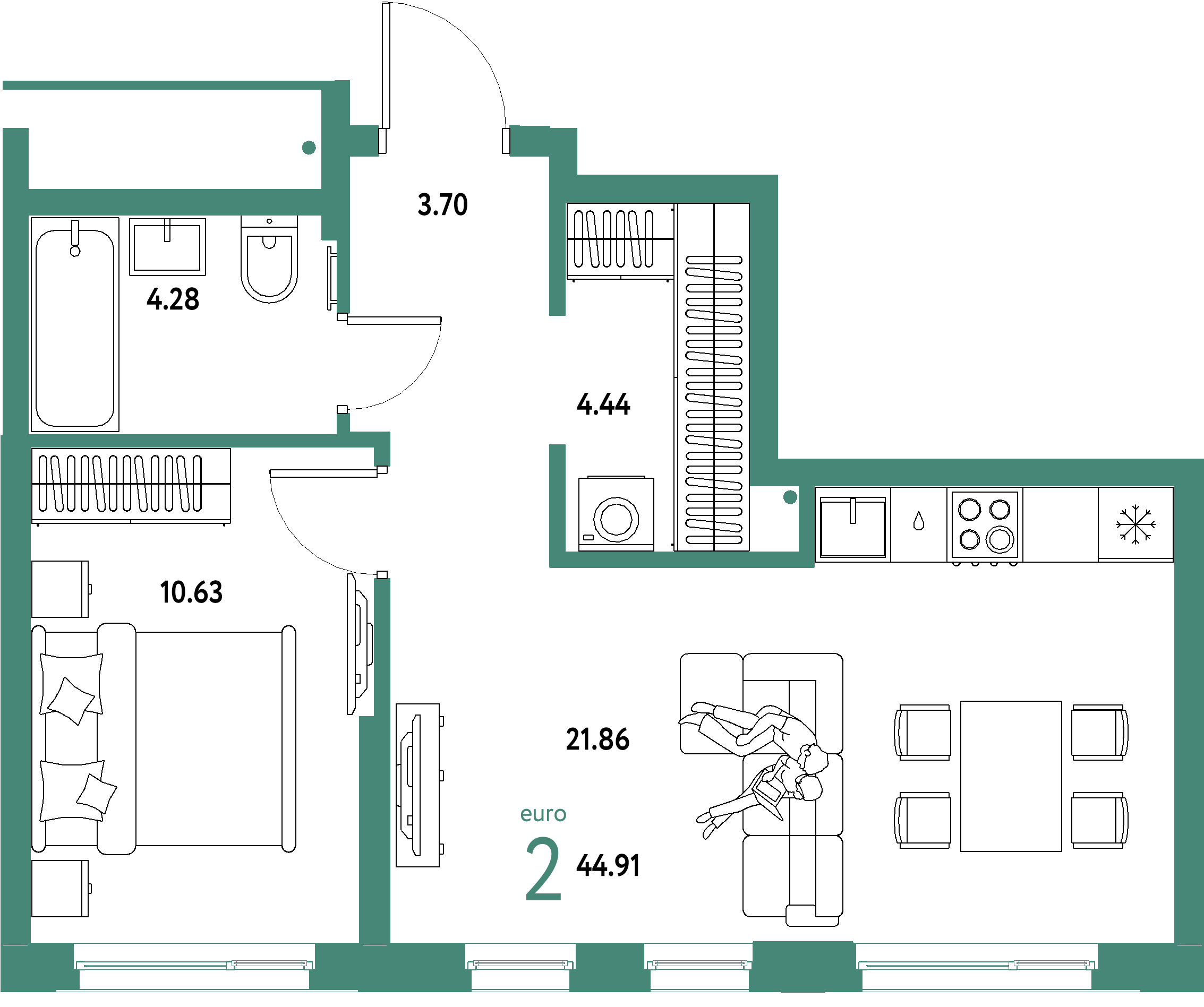 ЖК "Домашний"-2-комнатная 44.91 м²