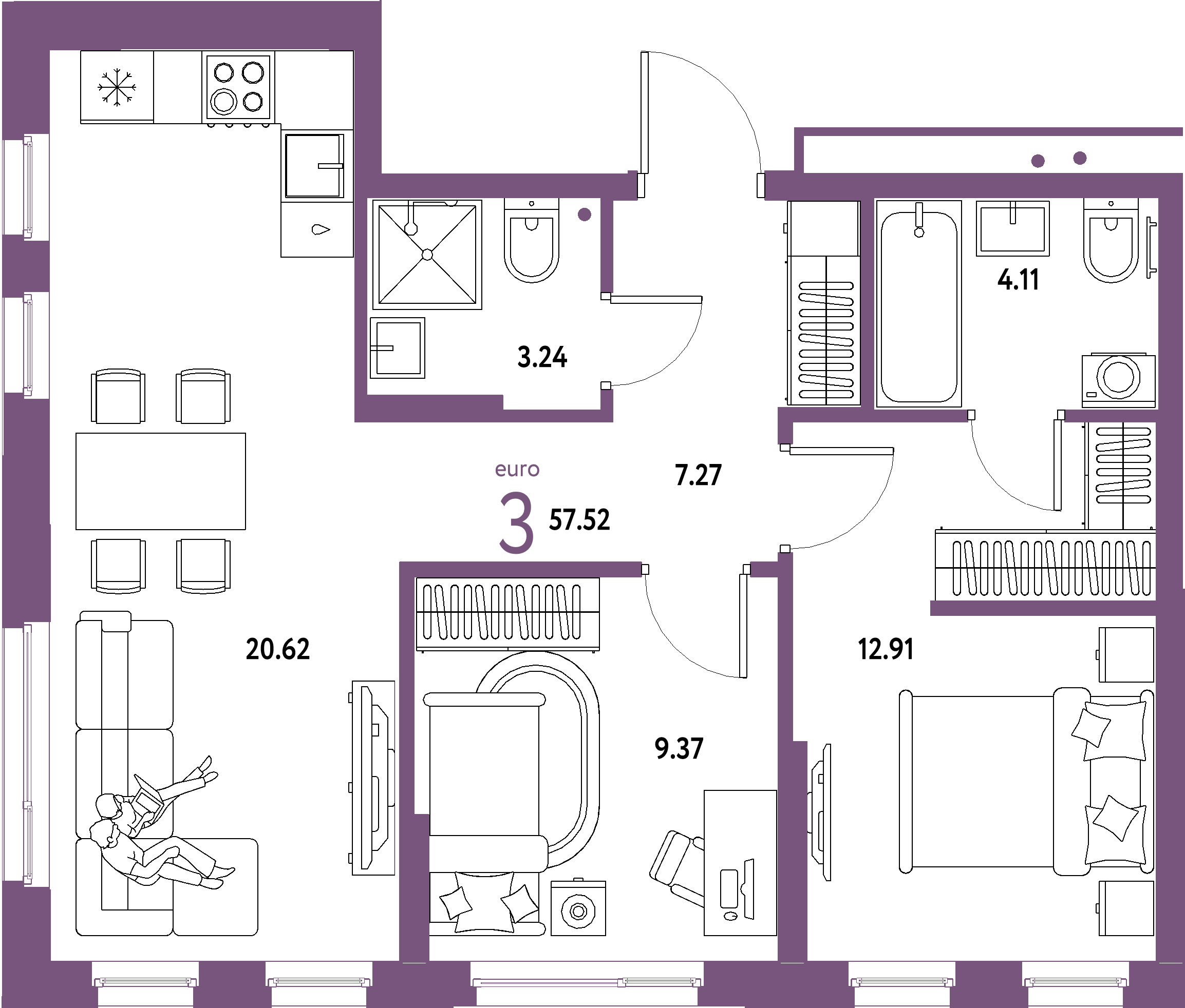 Купить 3-комнатную квартиру 57.52м², этаж №15 кв №280 в ЖК 