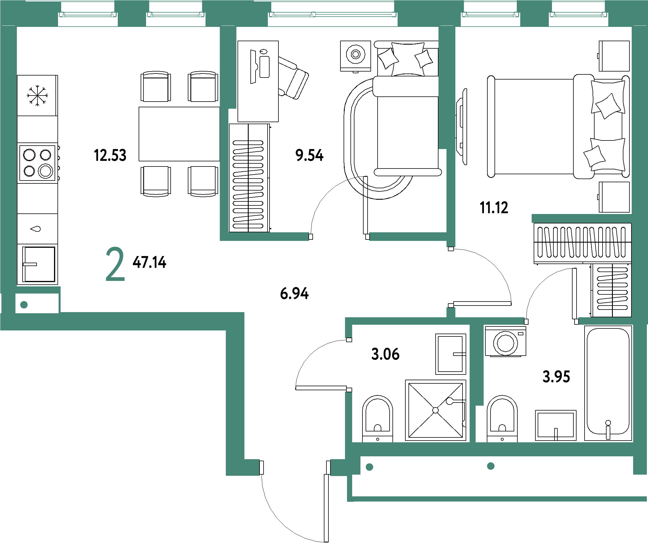 ЖК "Домашний"-2-комнатная 47.14 м²