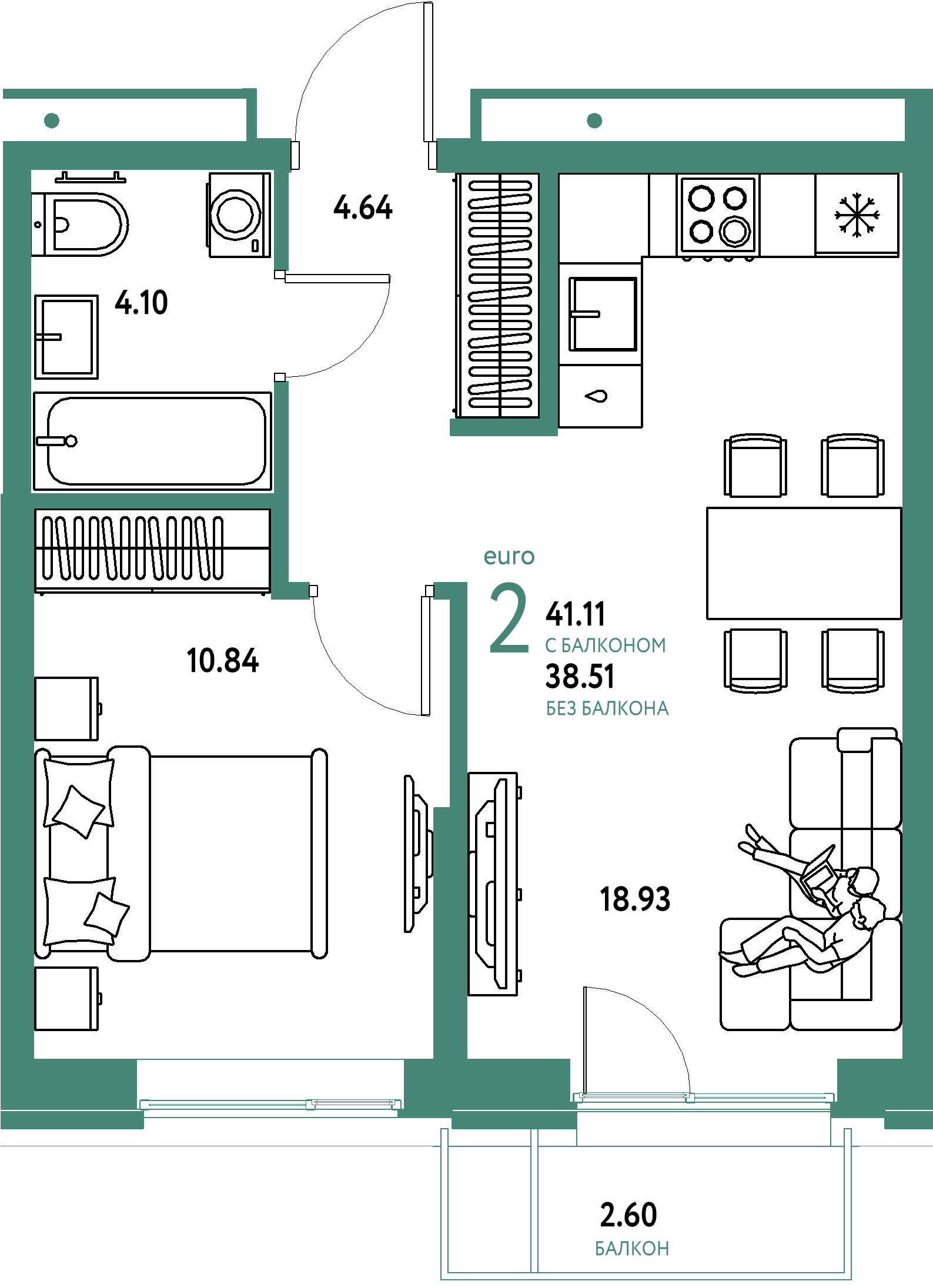 ЖК "Домашний"-2-комнатная 41.11 м²