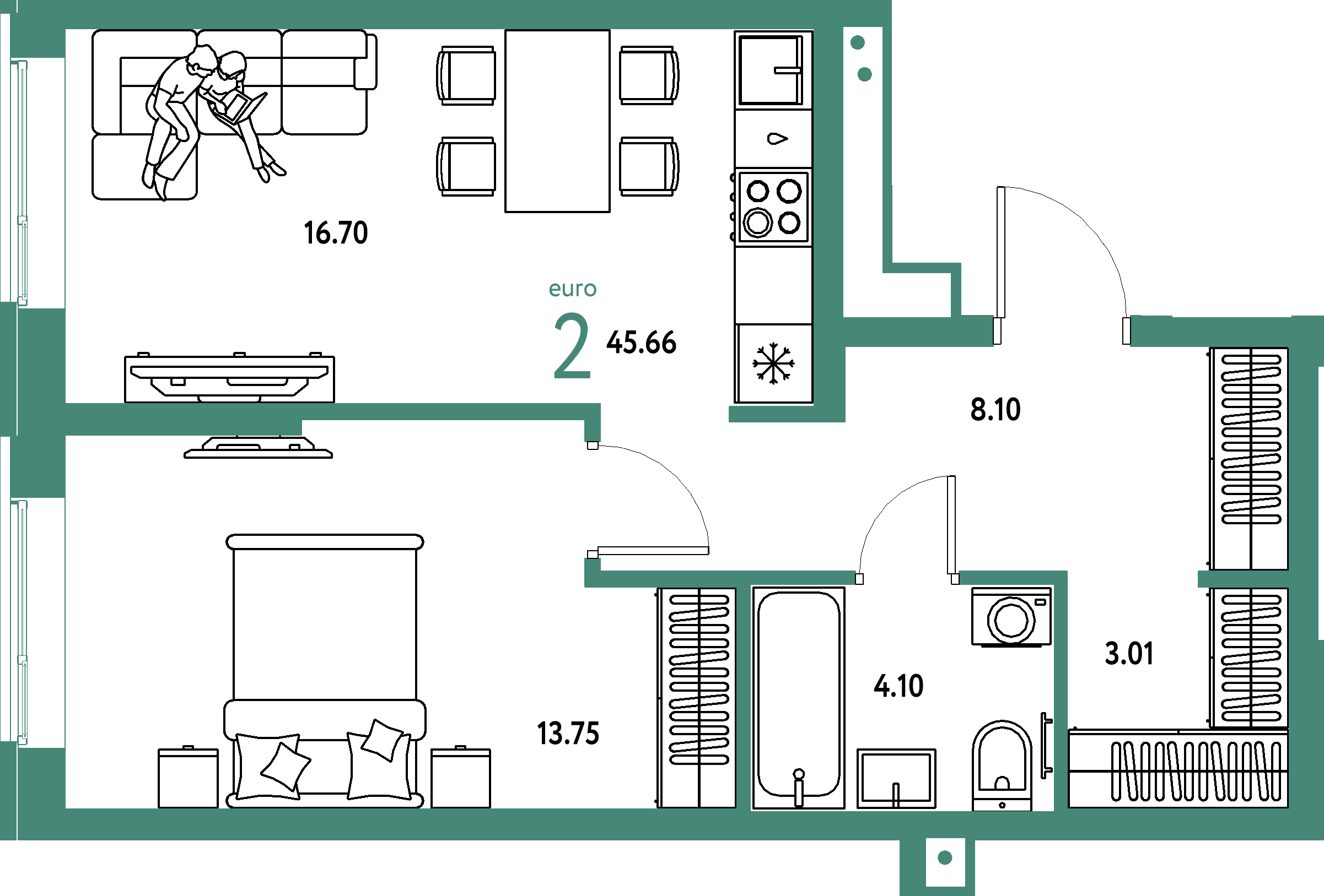 ЖК "Домашний"-2-комнатная 45.66 м²