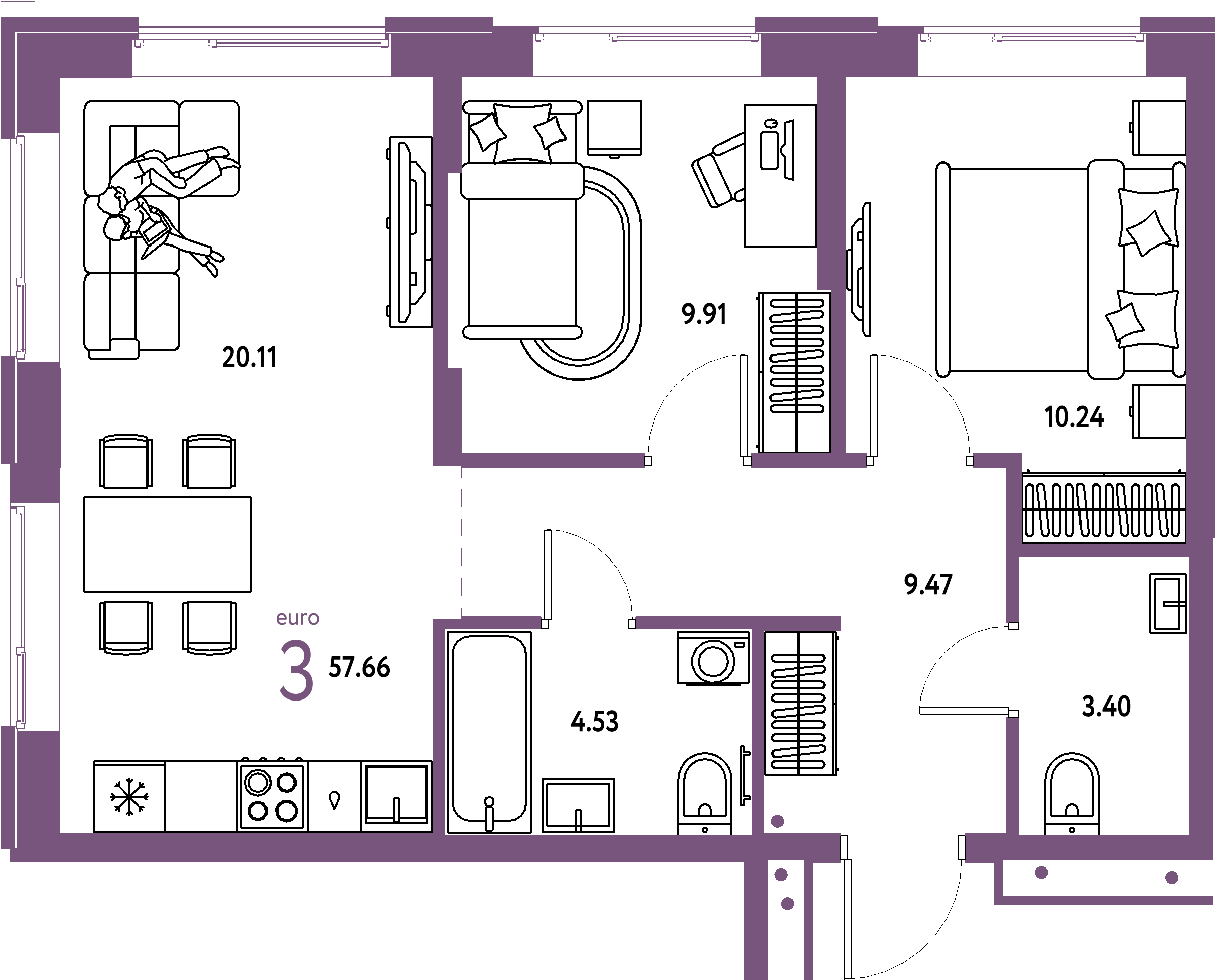 ЖК "Домашний"-3-комнатная 57.66 м²