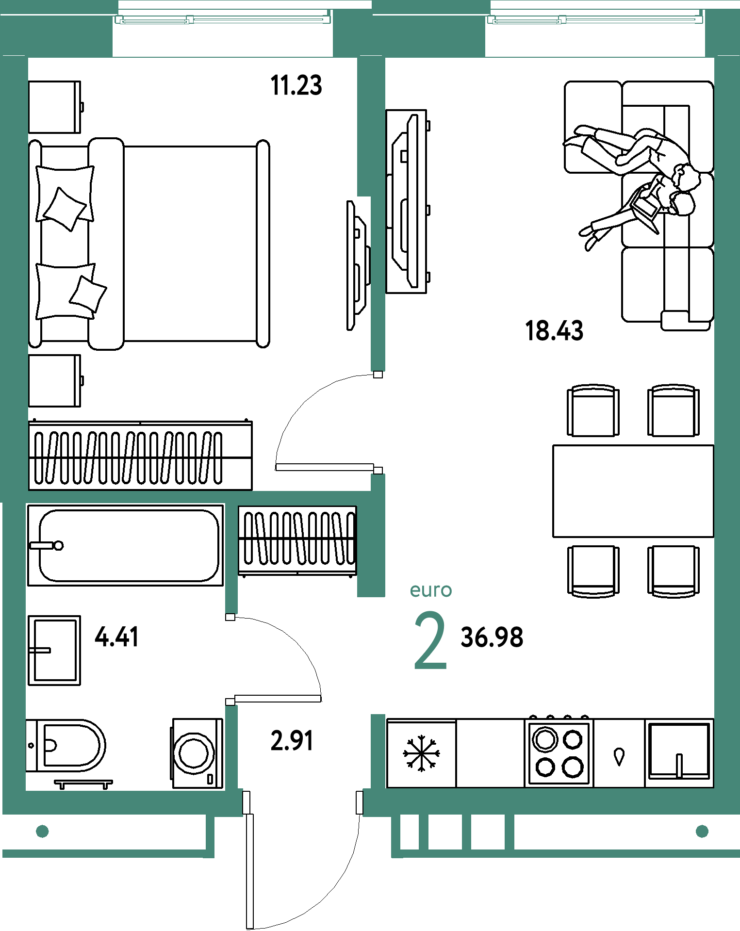 Купить 2-комнатную квартиру 36.98м², этаж №3 кв №305 в ЖК 