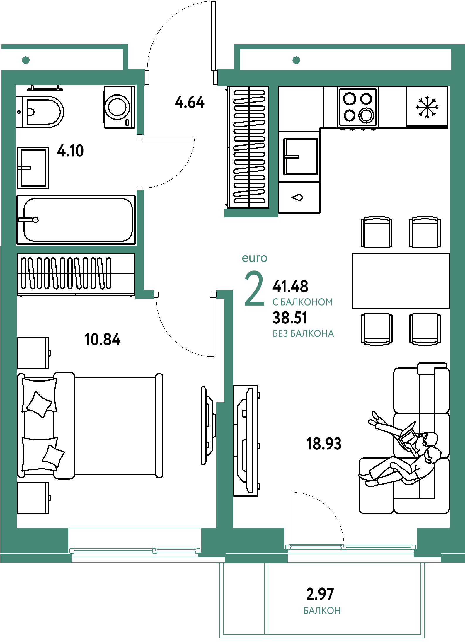 Купить 2-комнатную квартиру 41.48м², этаж №4 кв №311 в ЖК 