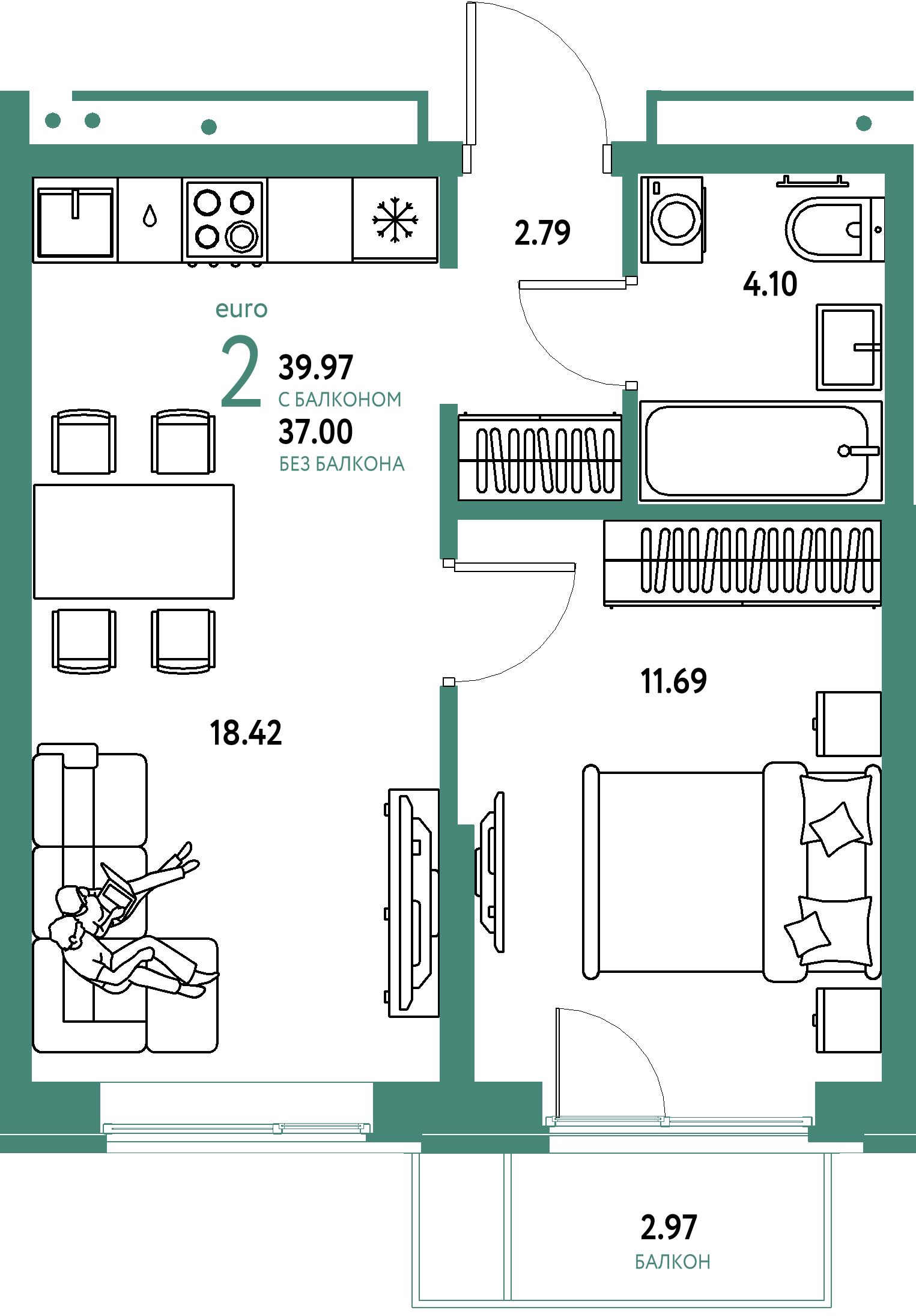 Купить 2-комнатную квартиру 39.97м², этаж №4 кв №312 в ЖК 