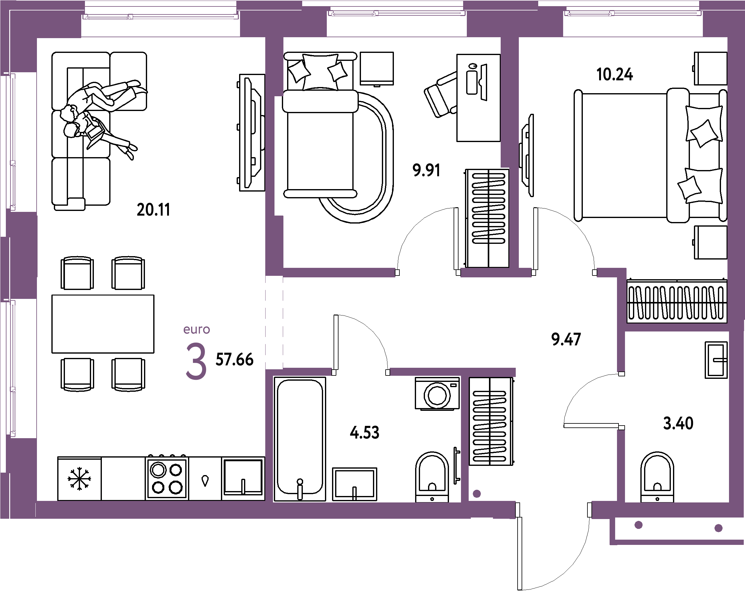 ЖК "Домашний"-3-комнатная 57.66 м²