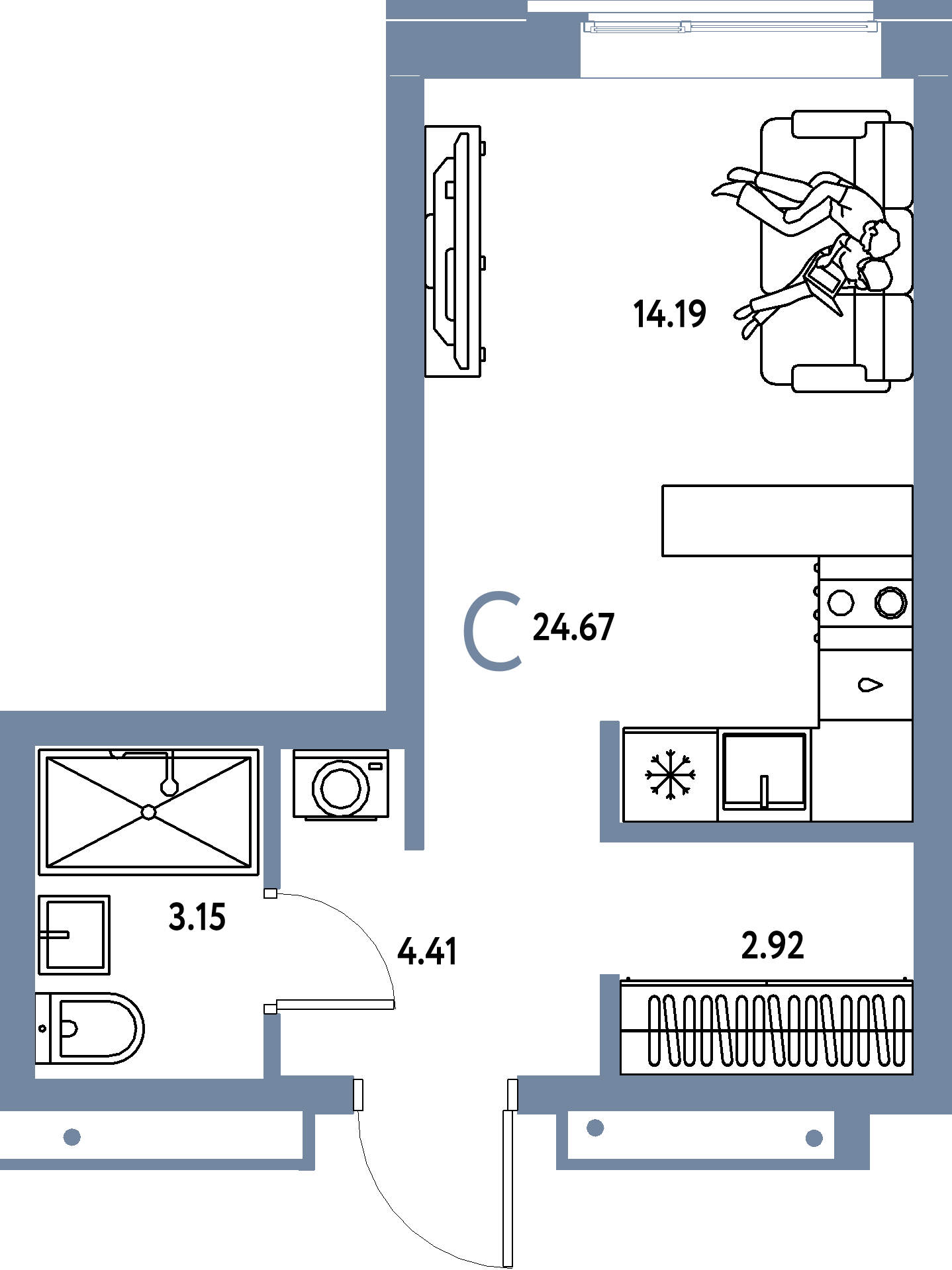 Купить Студию 24.67м², этаж №4 кв №318 в ЖК 