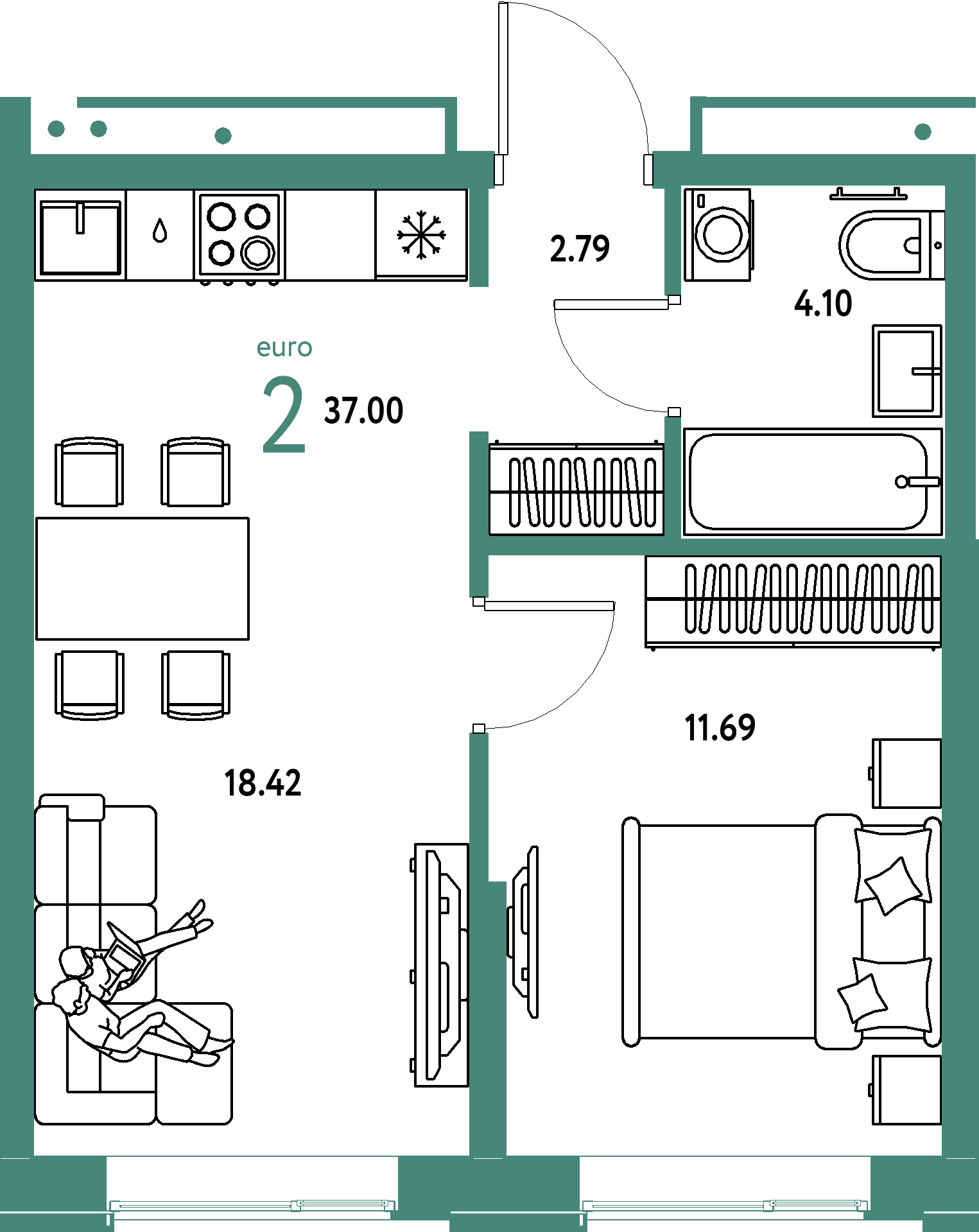 ЖК "Домашний"-2-комнатная 37 м²