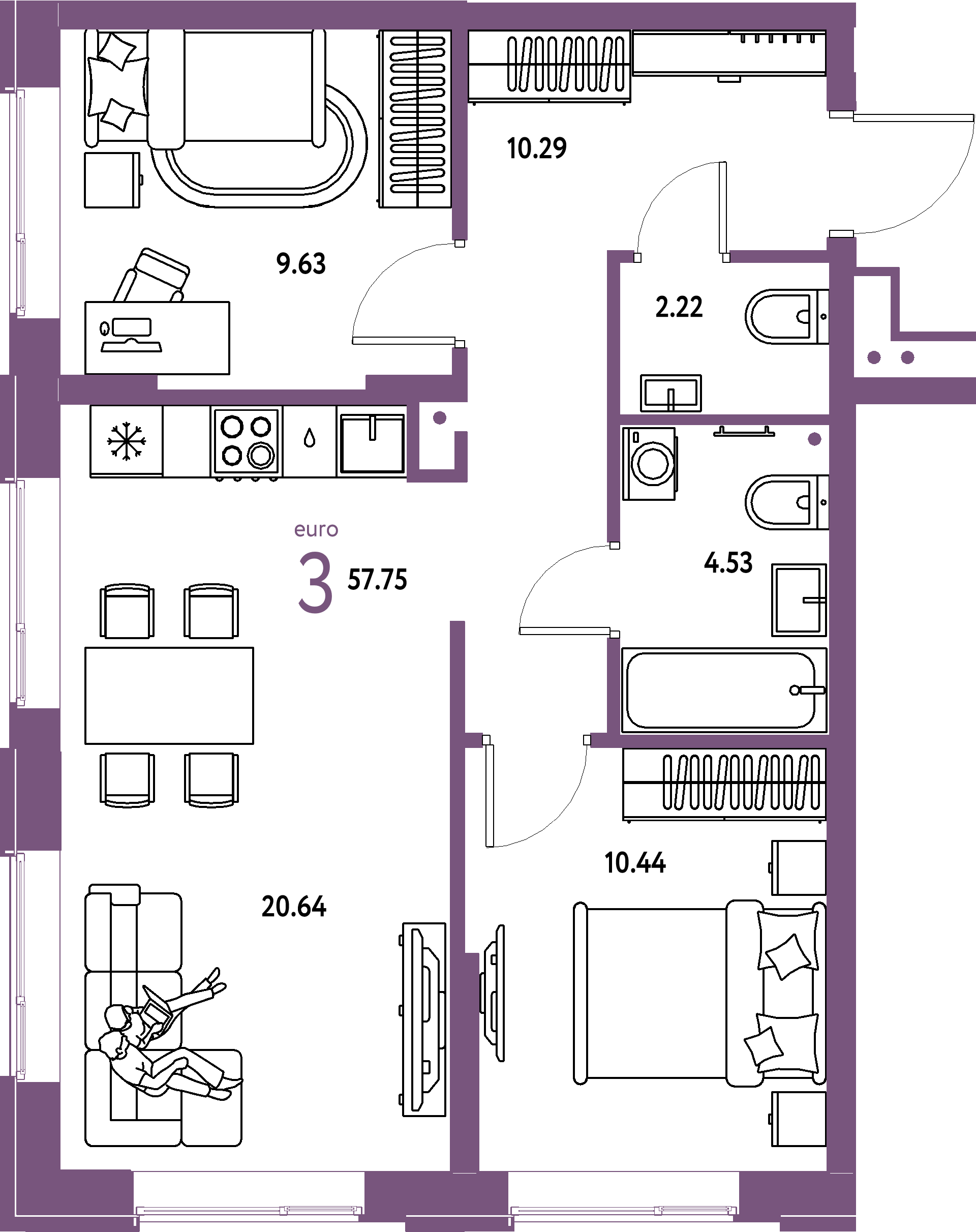 ЖК "Домашний"-3-комнатная 57.75 м²