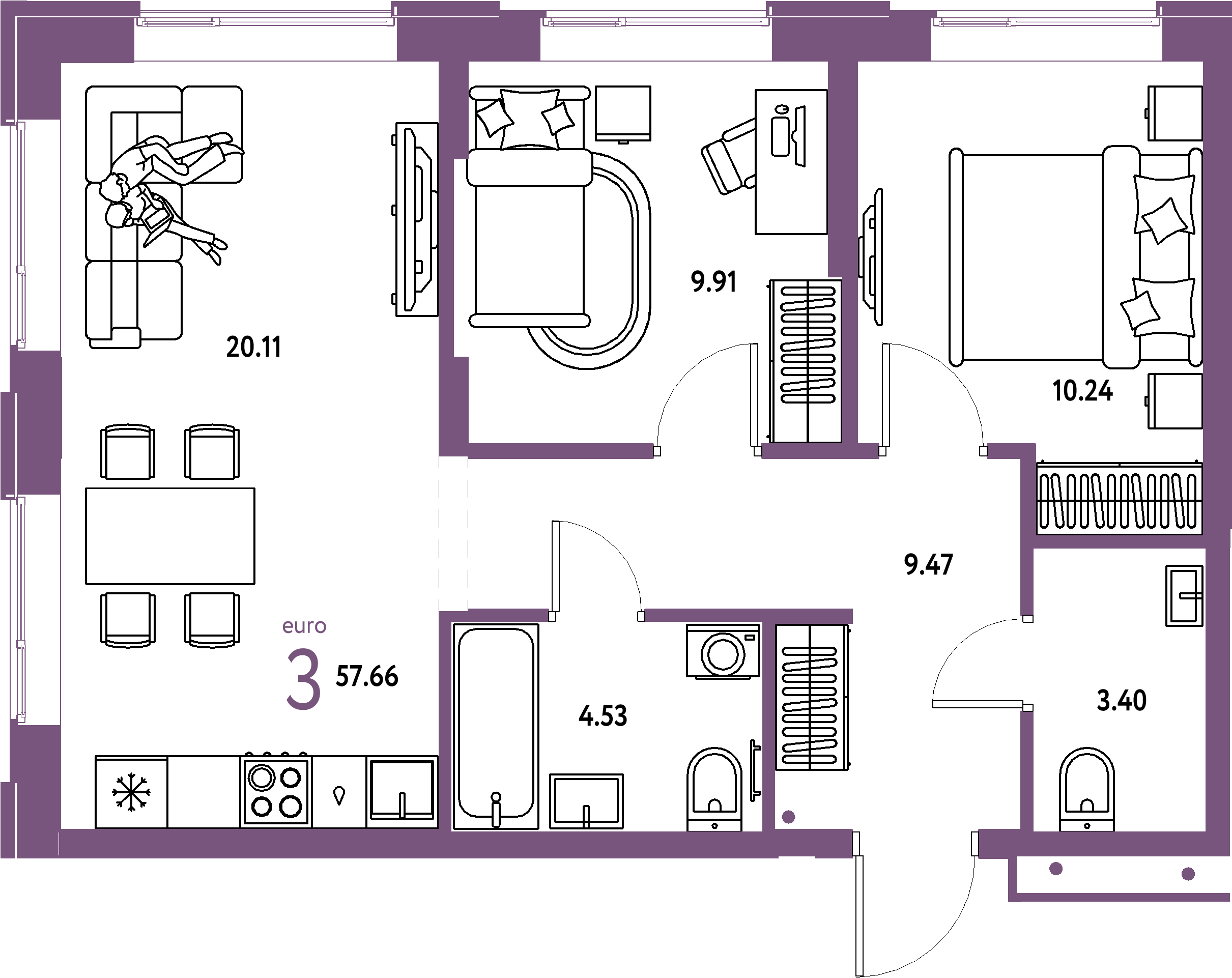 ЖК "Домашний"-3-комнатная 57.66 м²
