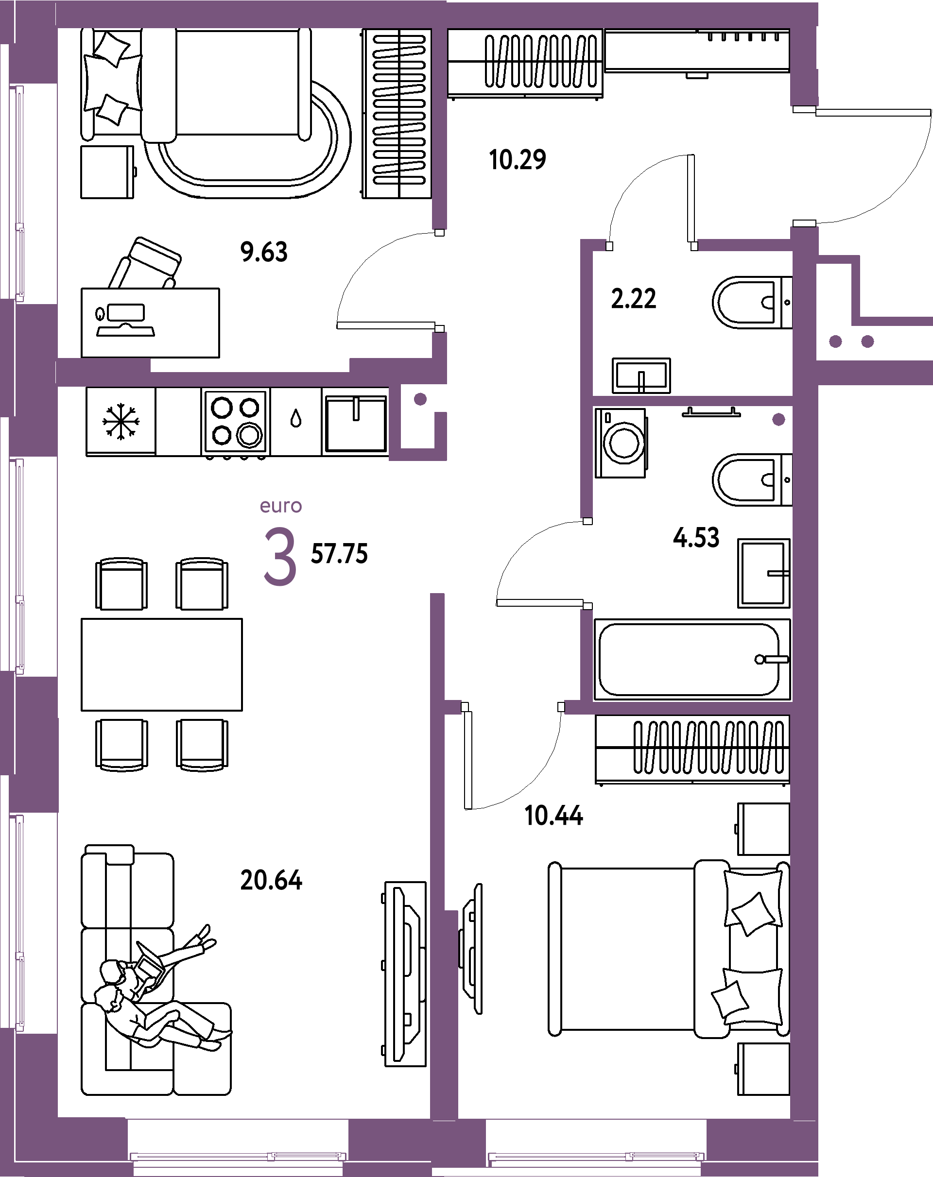 ЖК "Домашний"-3-комнатная 57.75 м²