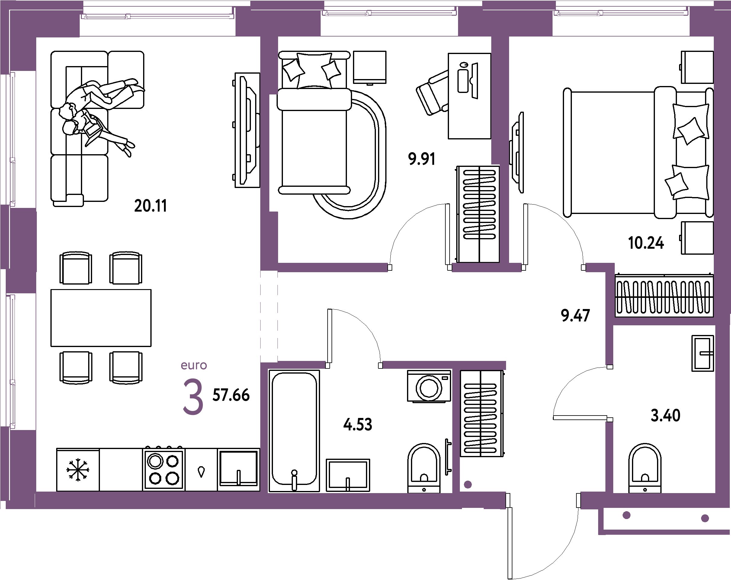 ЖК "Домашний"-3-комнатная 57.66 м²