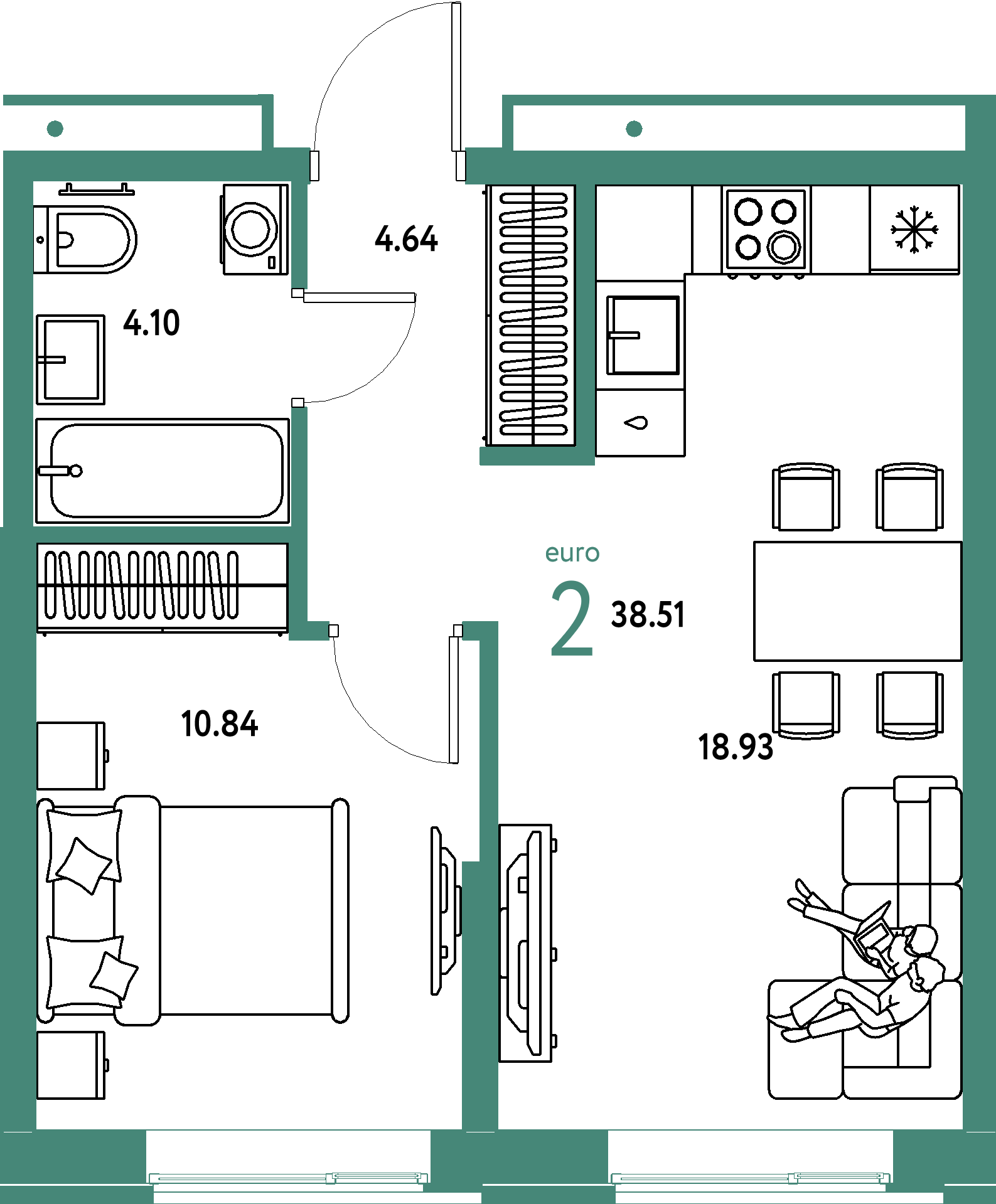 ЖК "Домашний"-2-комнатная 38.51 м²