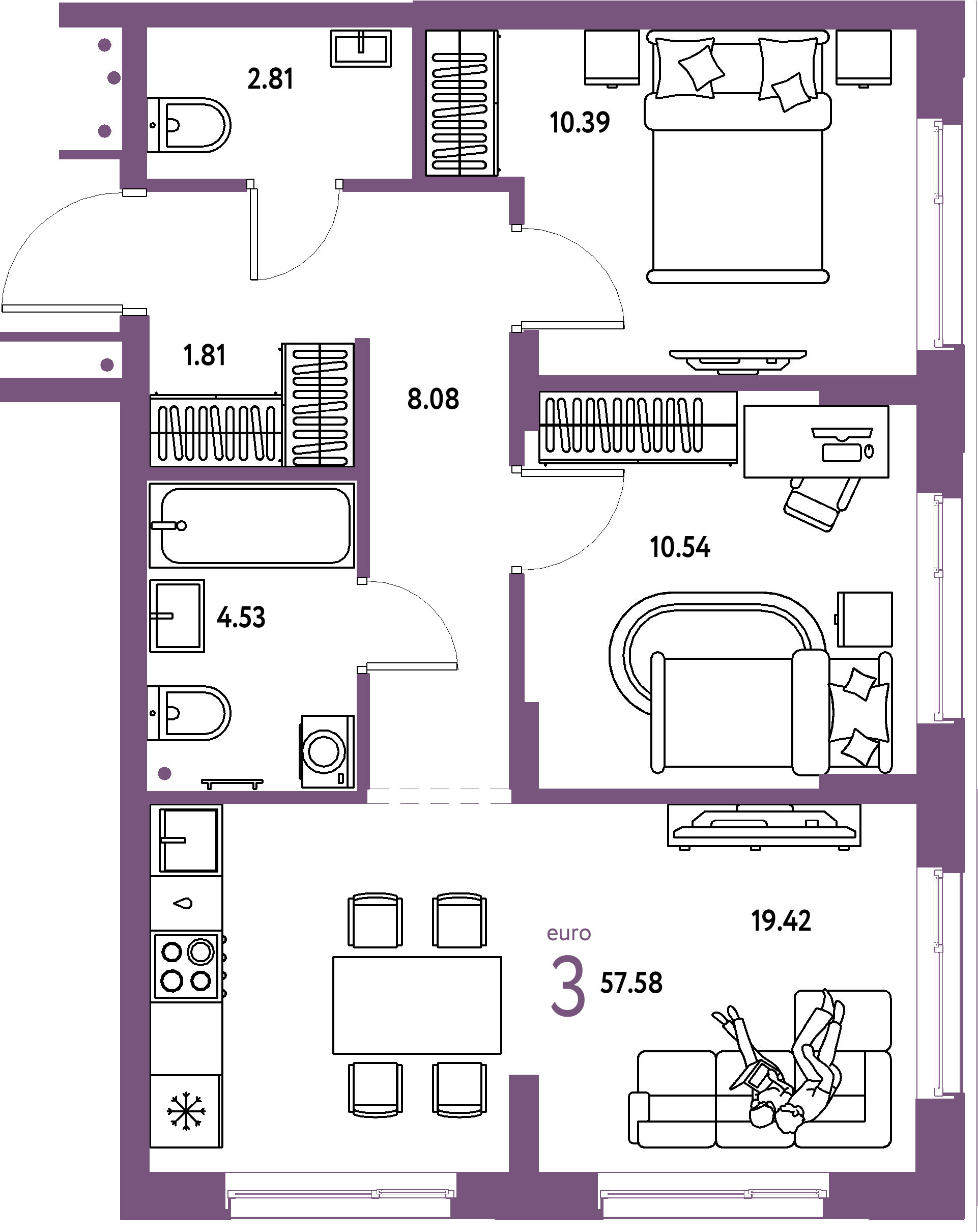 Купить 3-комнатную квартиру 57.58м², этаж №10 кв №375 в ЖК 