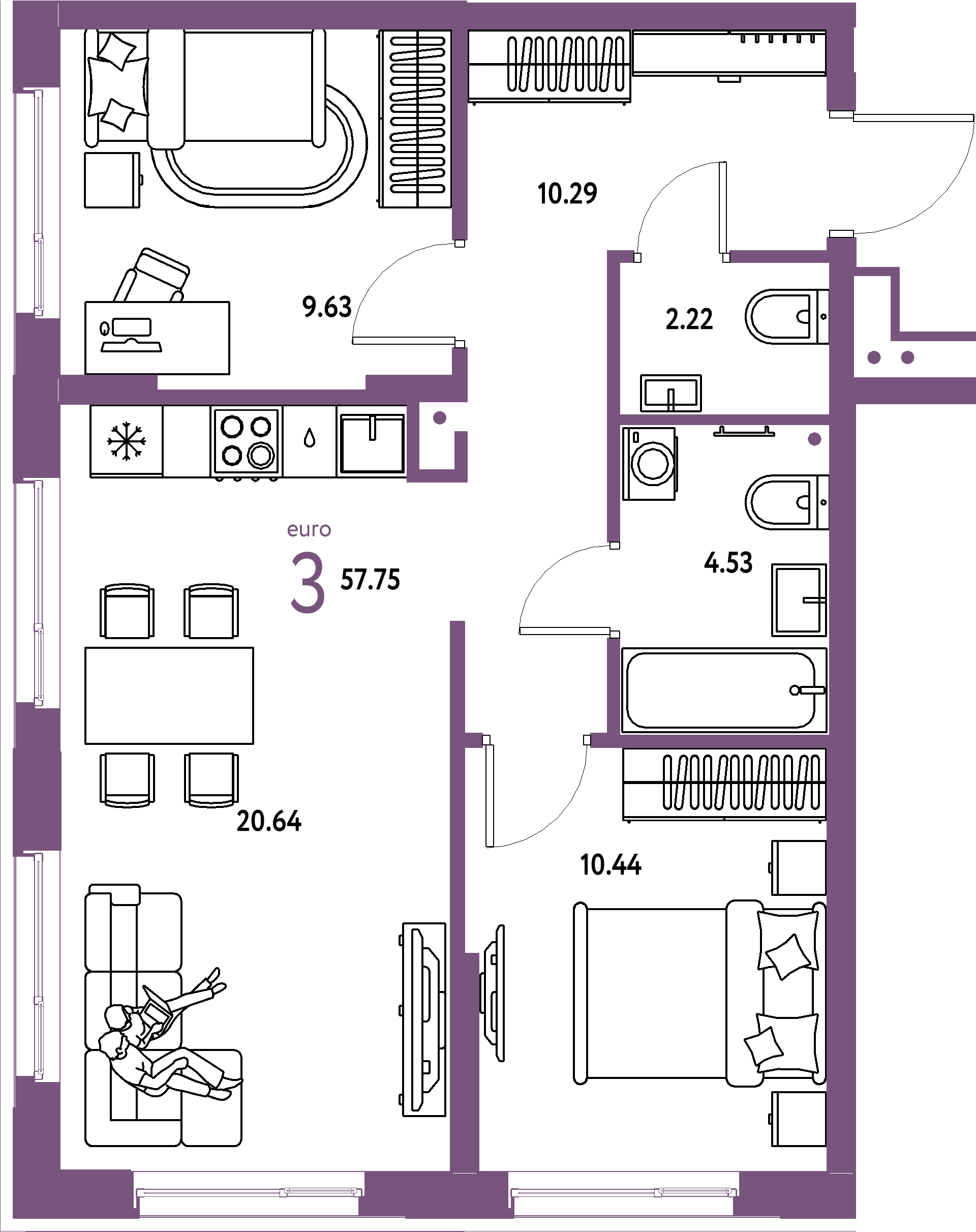 ЖК "Домашний"-3-комнатная 57.75 м²
