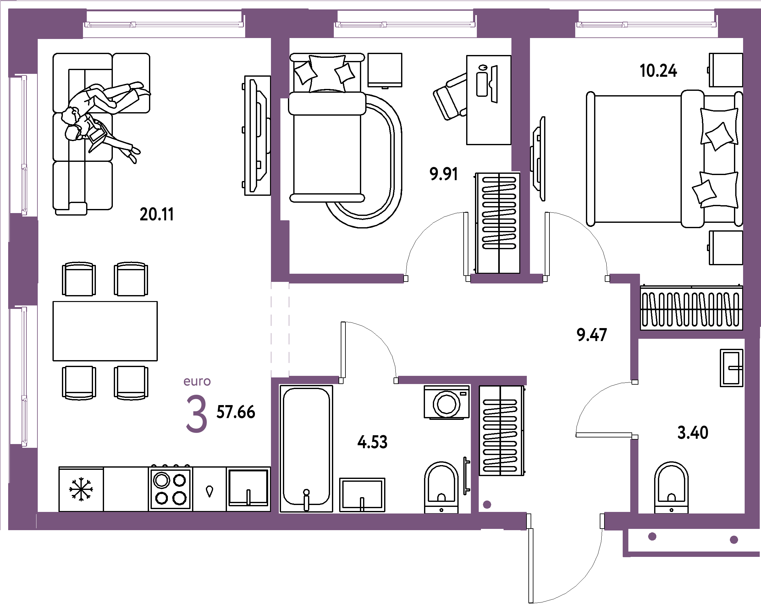 ЖК "Домашний"-3-комнатная 57.66 м²