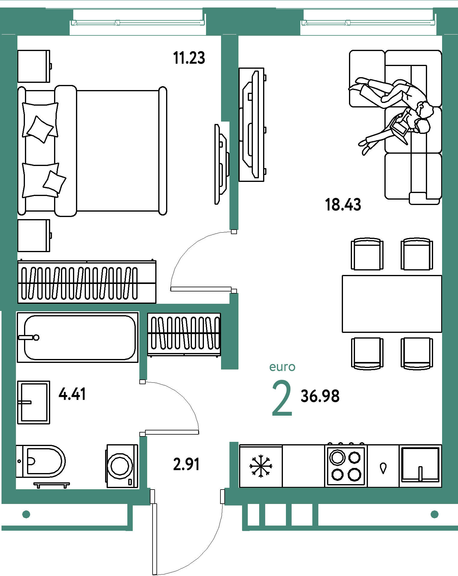 ЖК "Домашний"-2-комнатная 36.98 м²