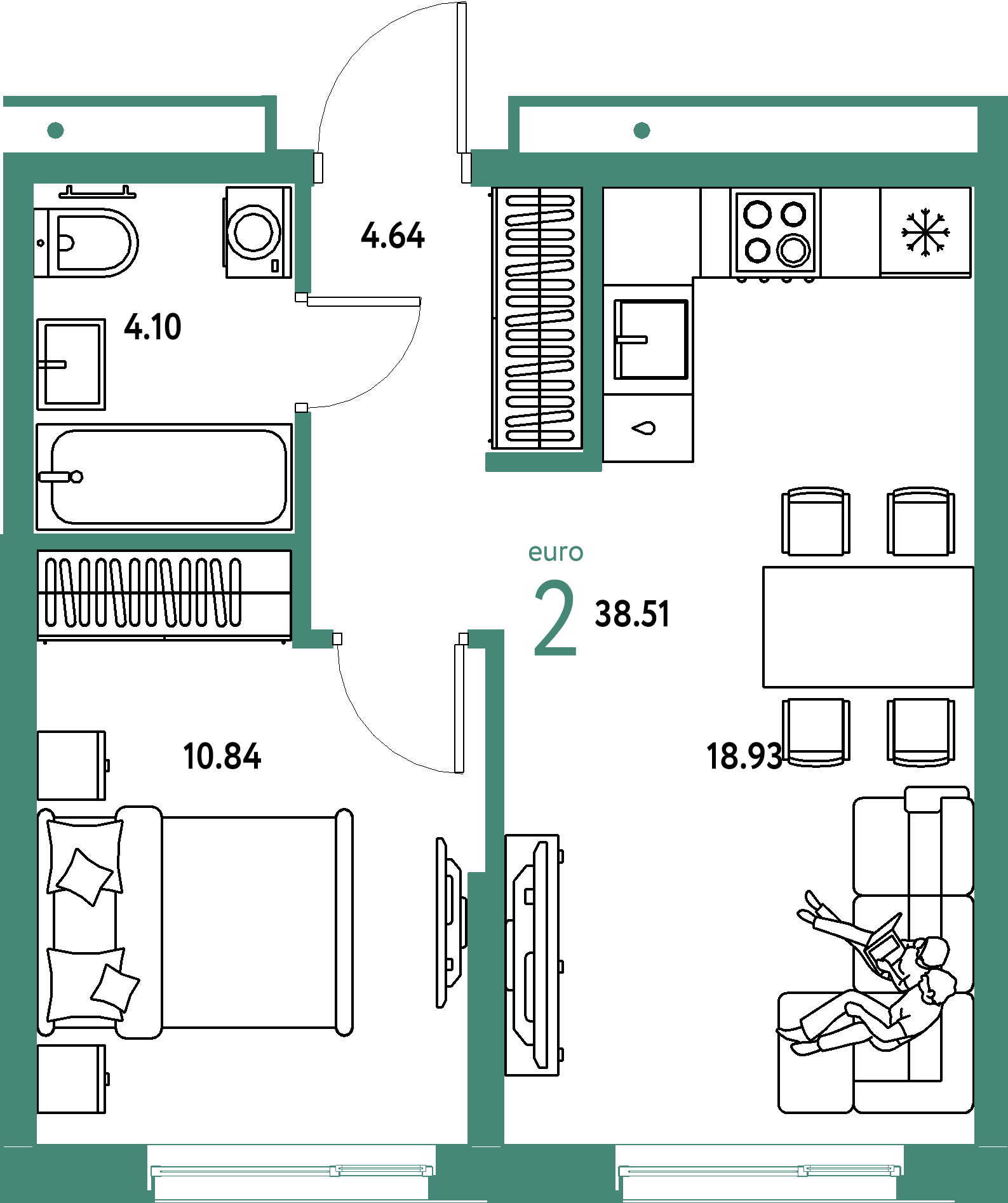 ЖК "Домашний"-2-комнатная 38.51 м²