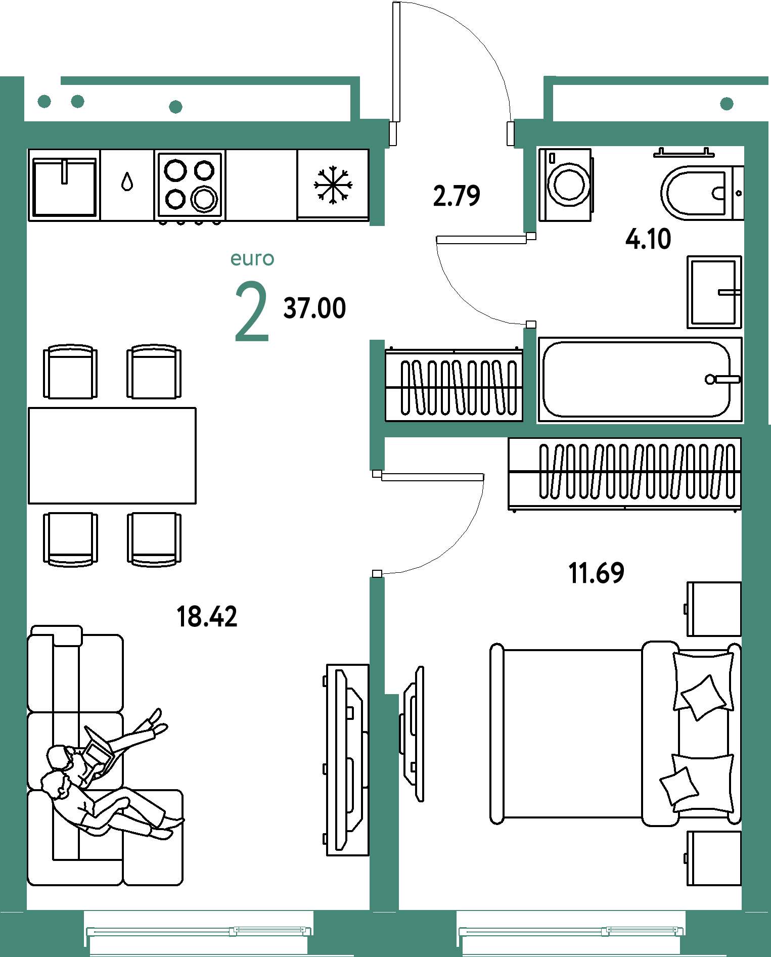 Купить 2-комнатную квартиру 37.0м², этаж №11 кв №389 в ЖК 