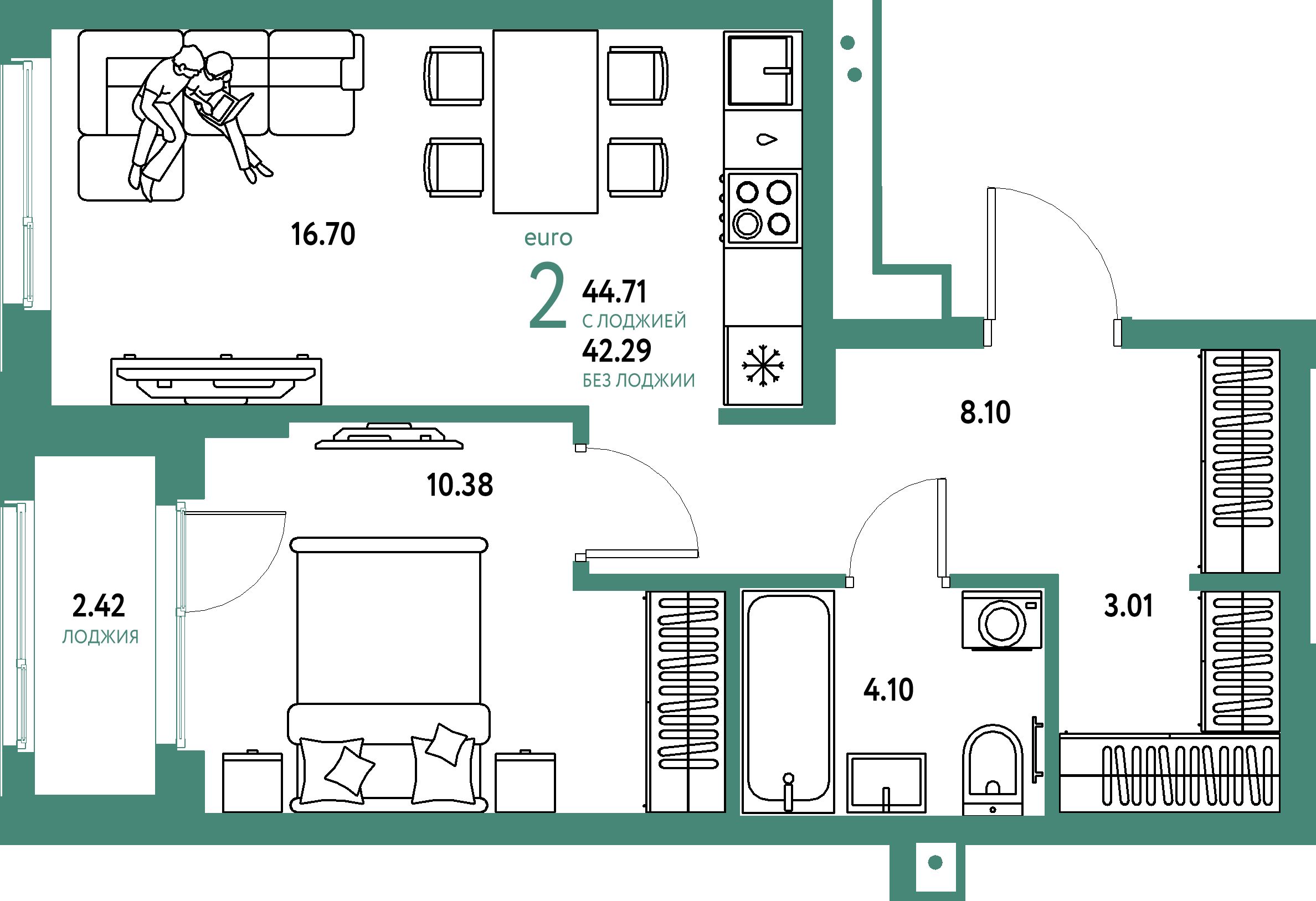 ЖК "Домашний"-2-комнатная 44.71 м²