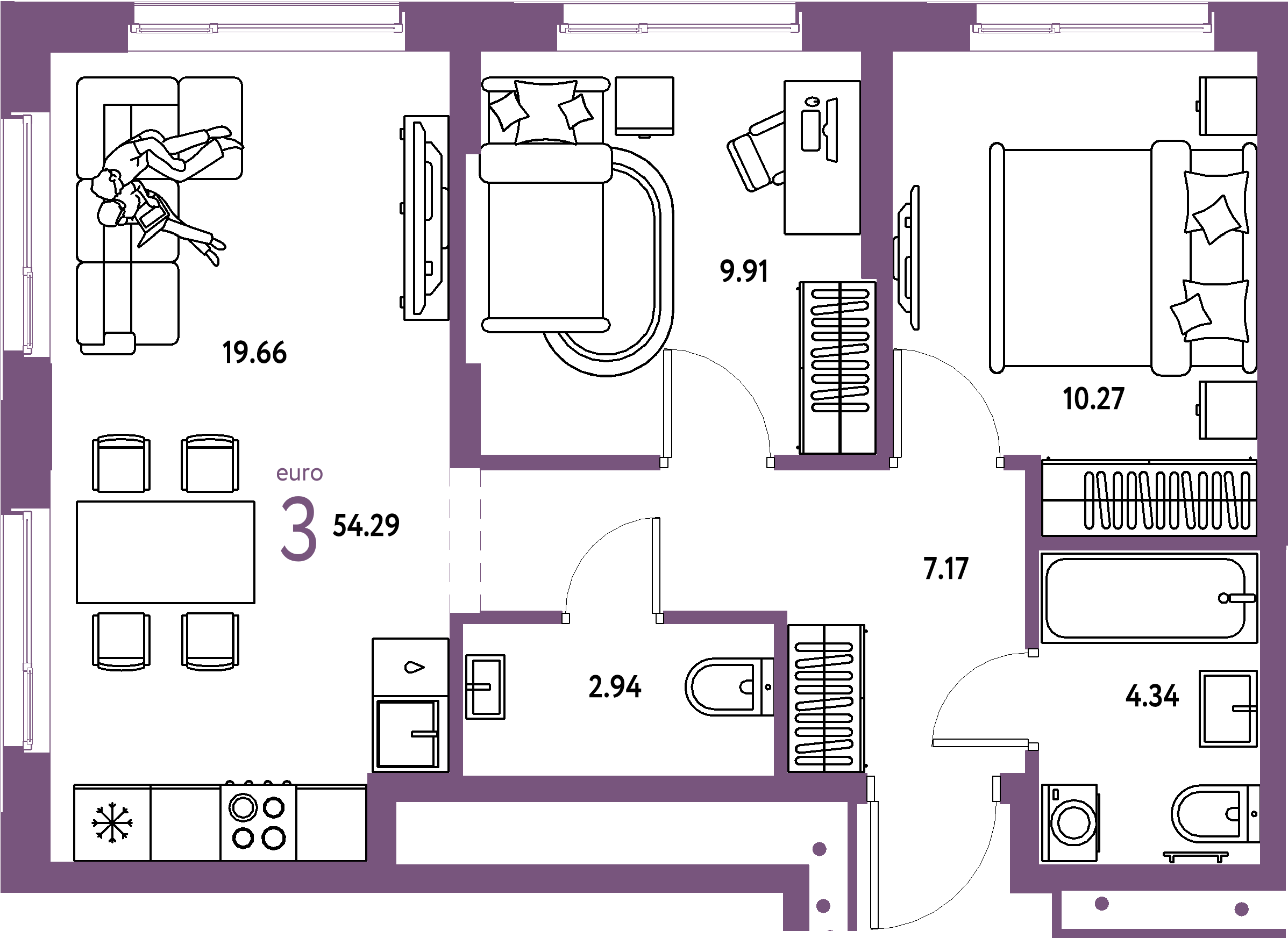 Купить 3-комнатную квартиру 54.29м², этаж №11 кв №392 в ЖК 