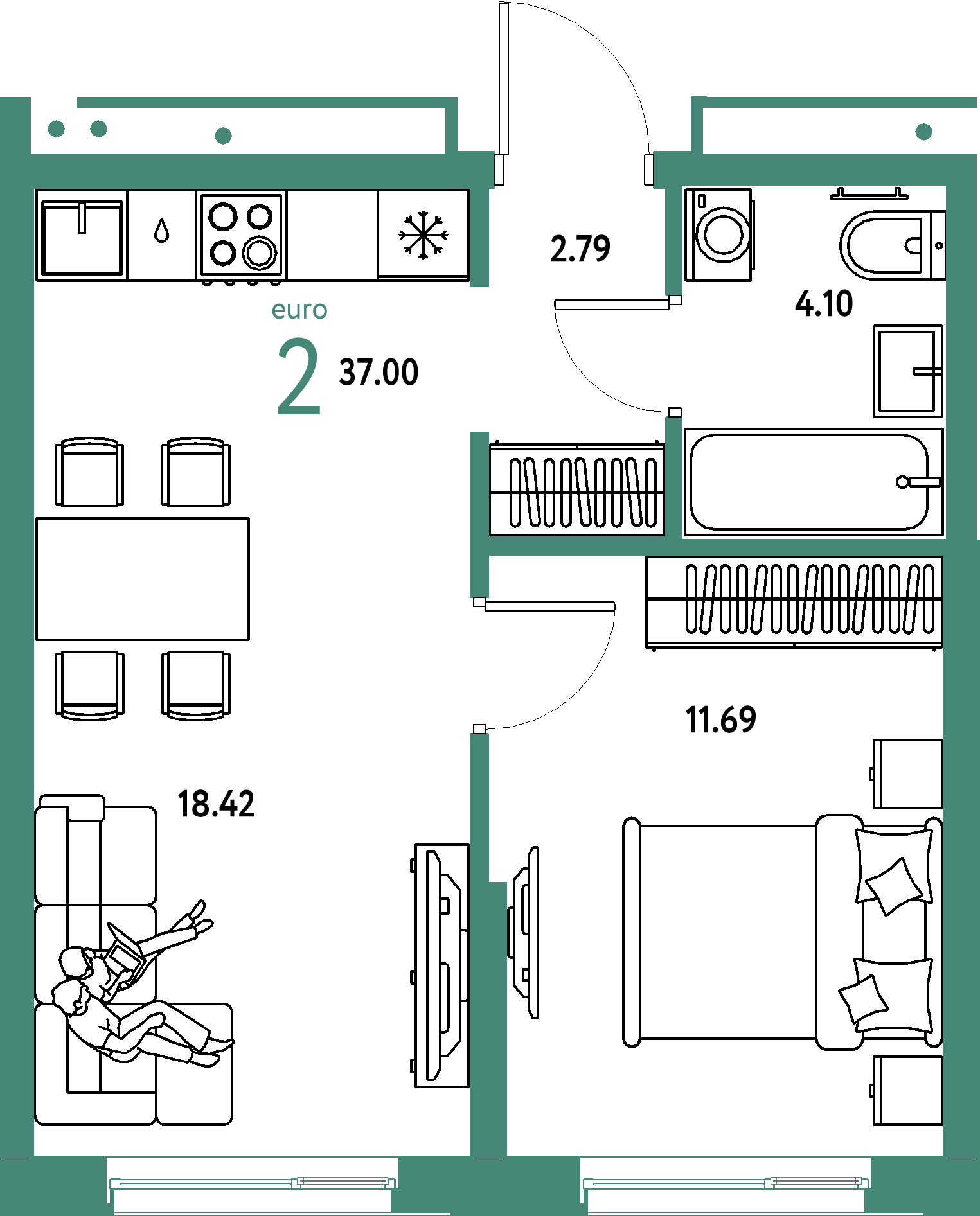 Купить 2-комнатную квартиру 37.0м², этаж №12 кв №399 в ЖК 