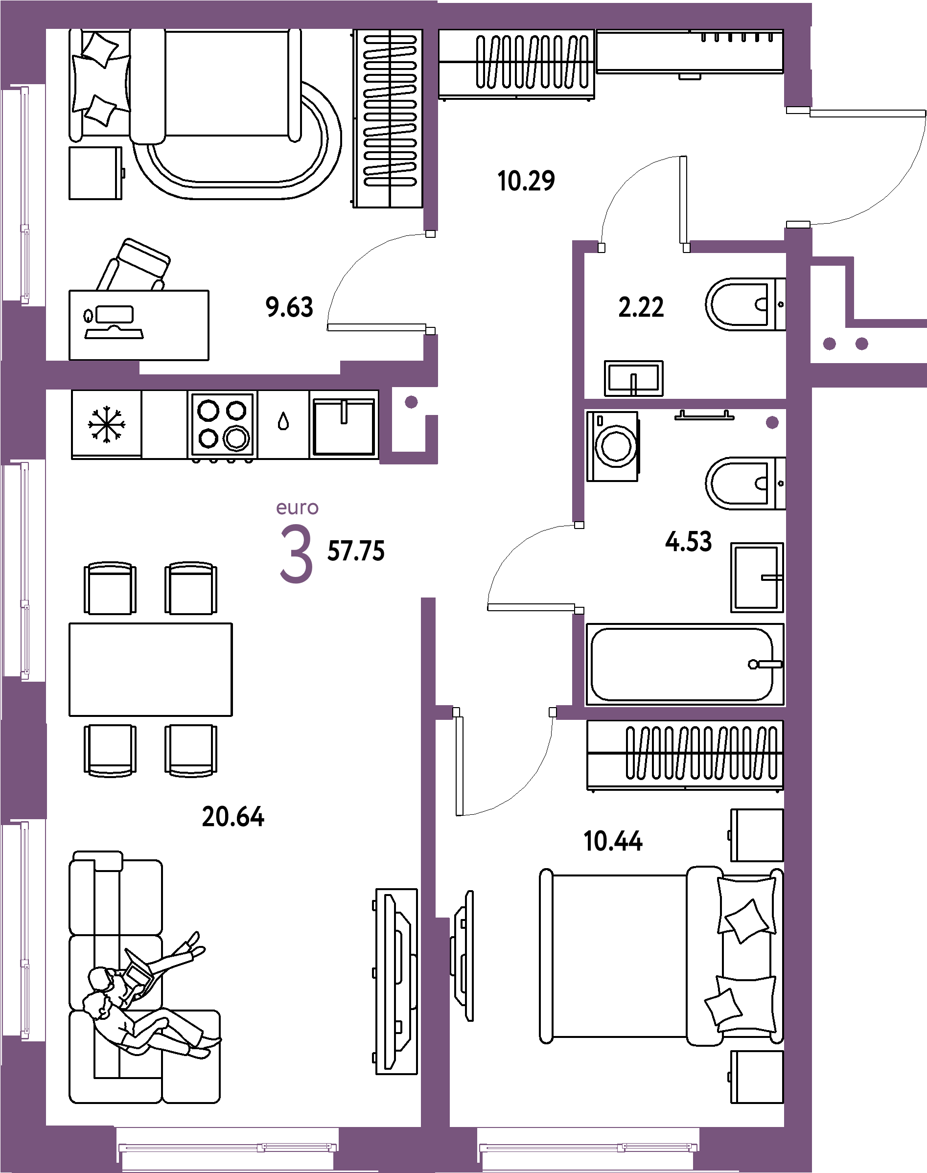 Купить 3-комнатную квартиру 57.75м², этаж №12 кв №400 в ЖК 