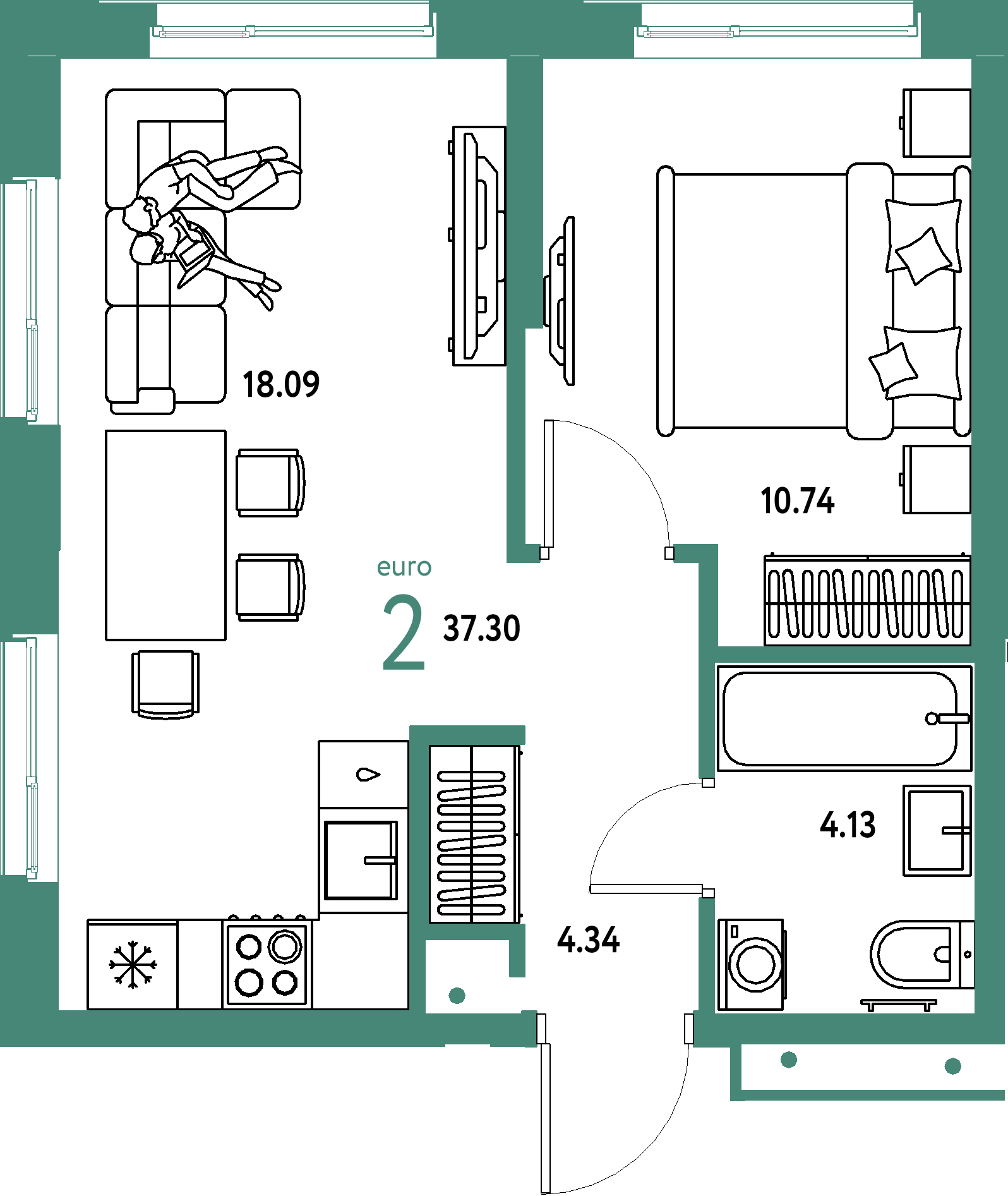 Купить 2-комнатную квартиру 37.3м², этаж №13 кв №412 в ЖК 