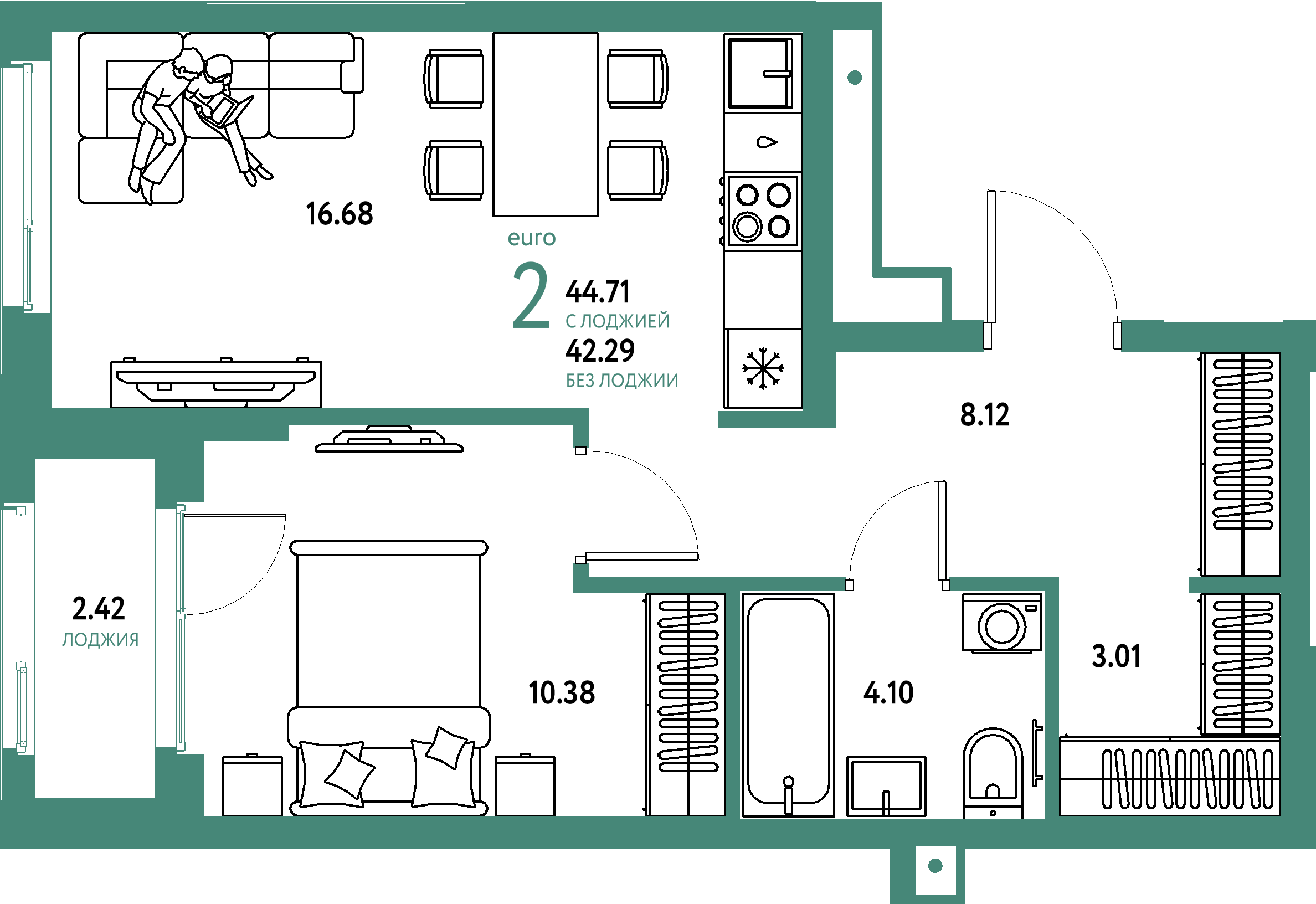 ЖК "Домашний"-2-комнатная 44.71 м²