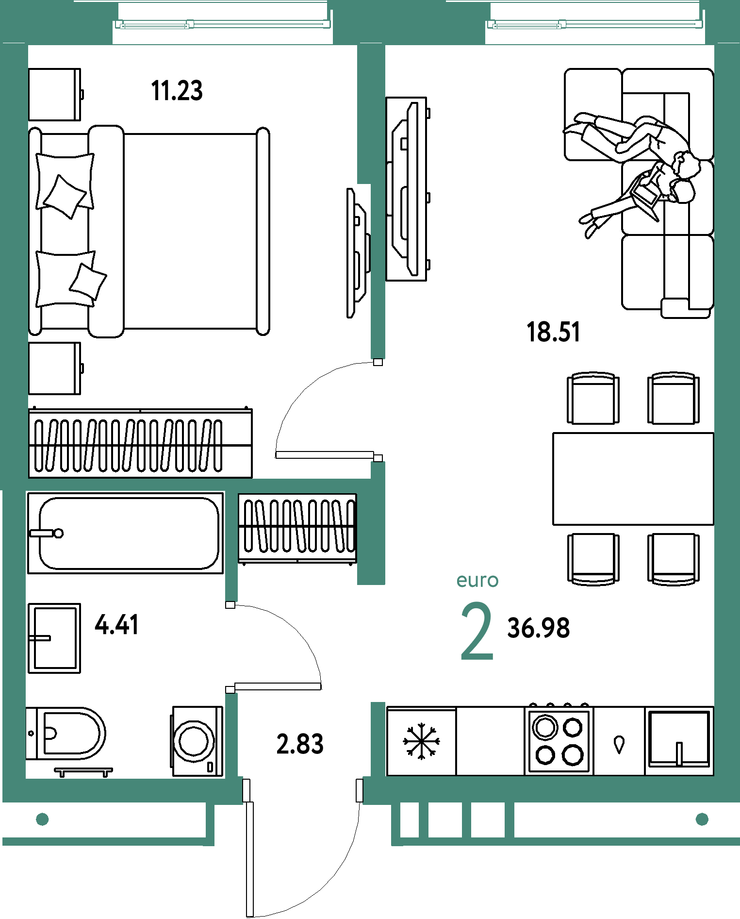 ЖК "Домашний"-2-комнатная 36.98 м²