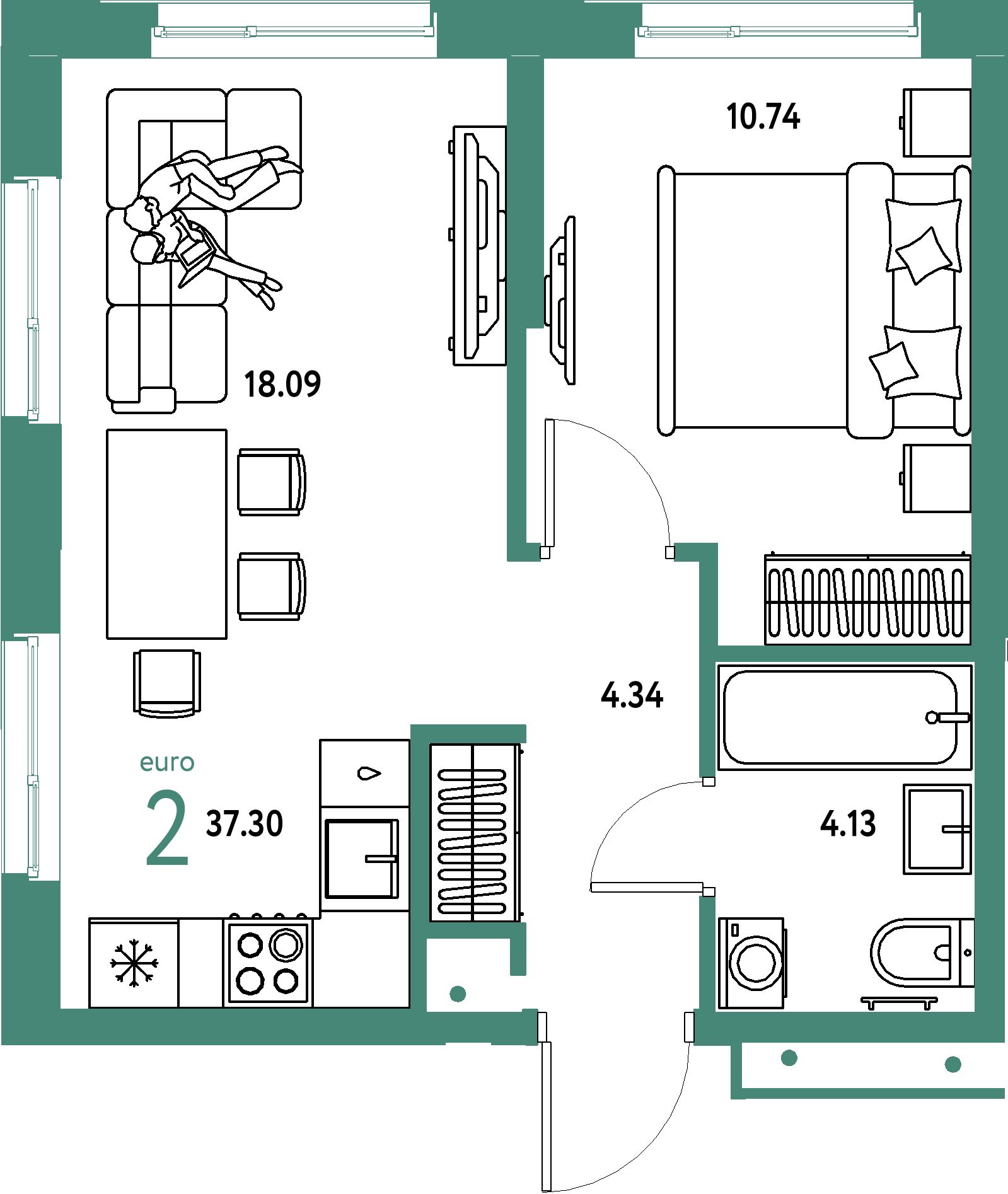 Купить 2-комнатную квартиру 37.3м², этаж №15 кв №432 в ЖК 