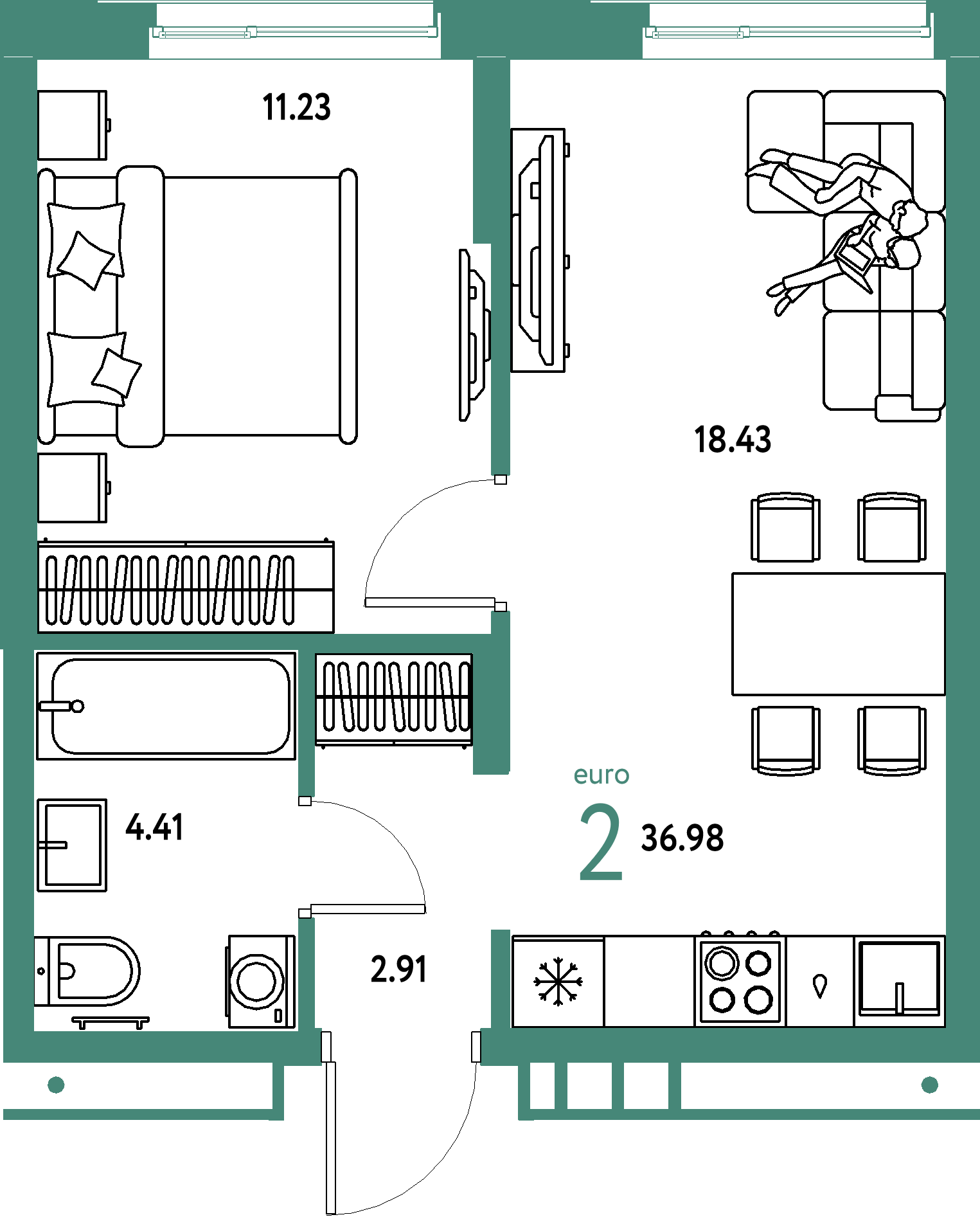 ЖК "Домашний"-2-комнатная 36.98 м²