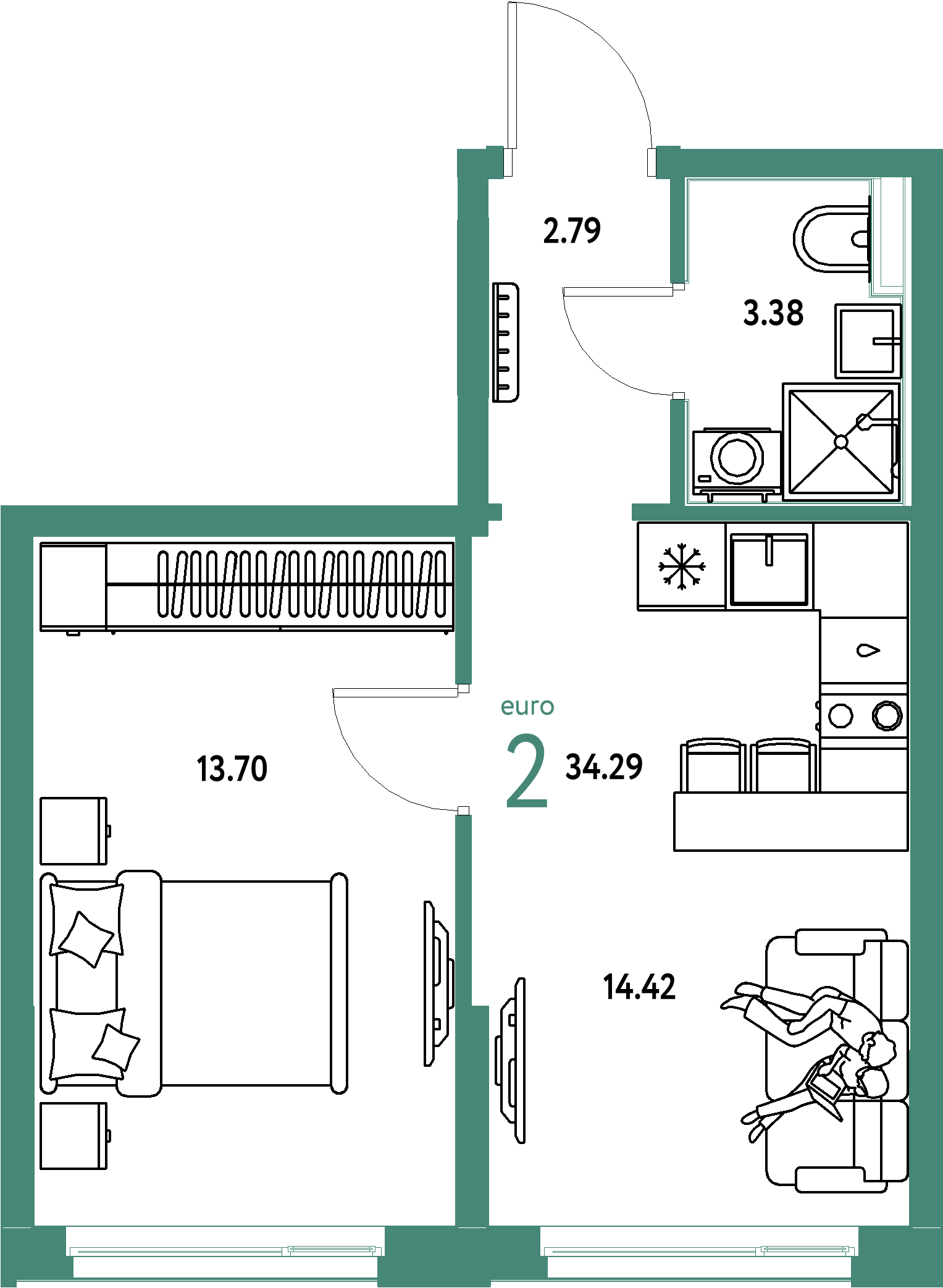ЖК "Домашний"-2-комнатная 34.29 м²