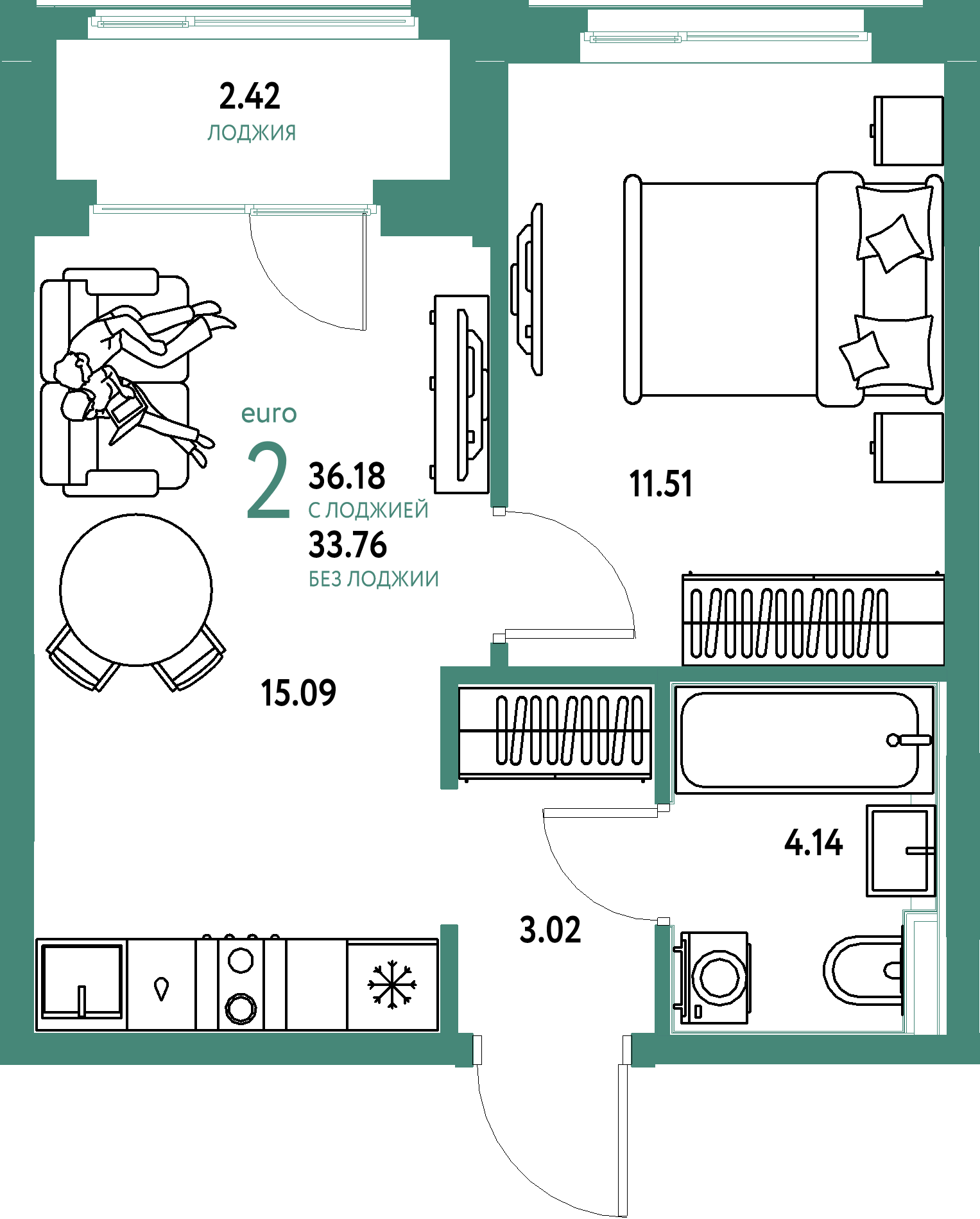 ЖК "Домашний"-2-комнатная 36.18 м²