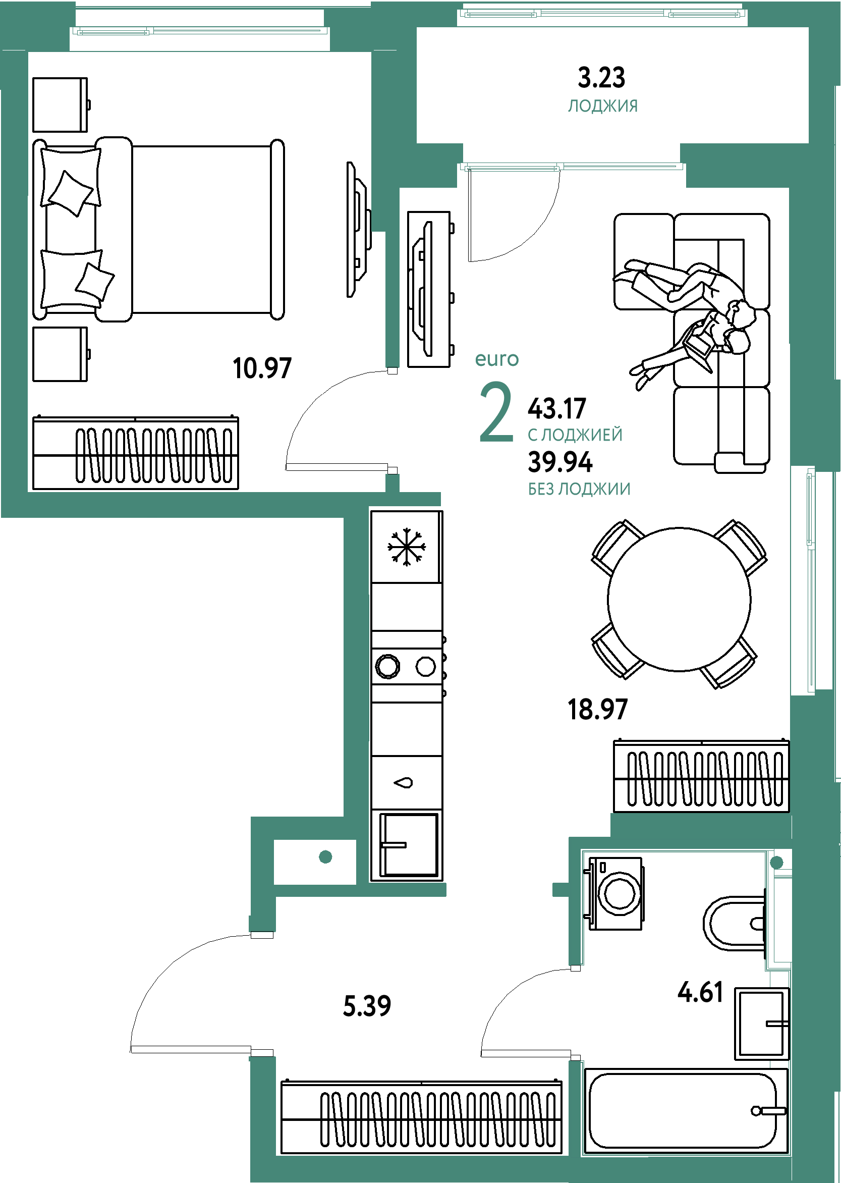 ЖК "Домашний"-2-комнатная 43.17 м²