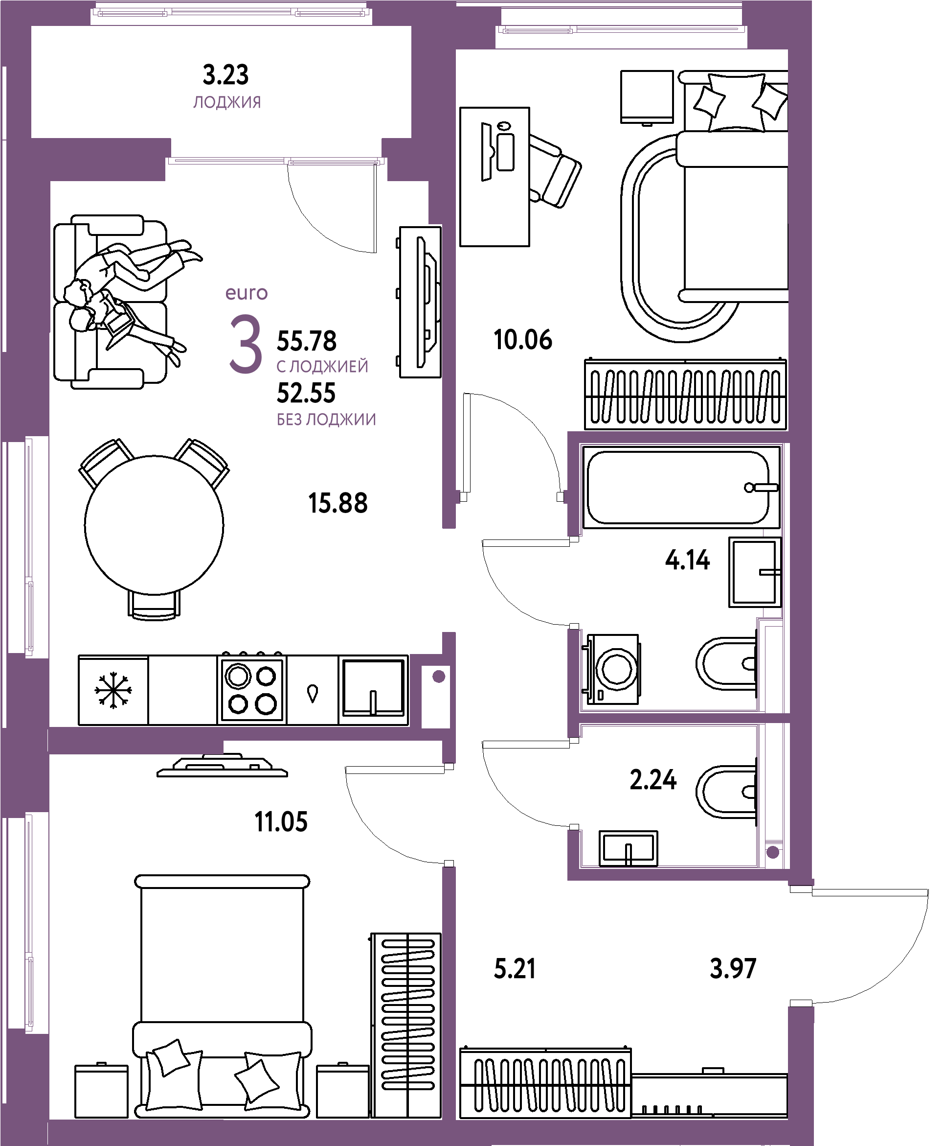 ЖК "Домашний"-3-комнатная 55.78 м²