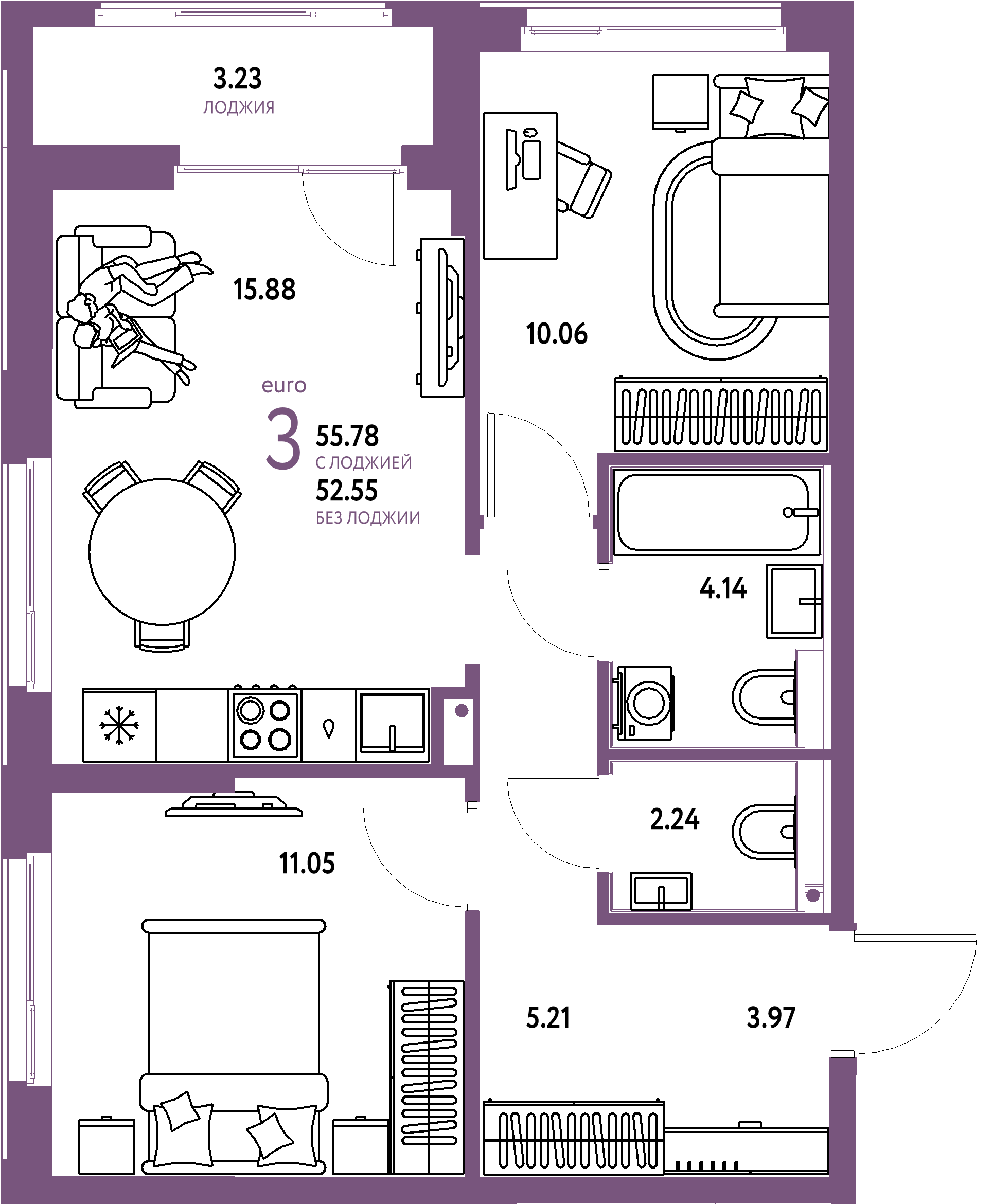 ЖК "Домашний"-3-комнатная 55.78 м²