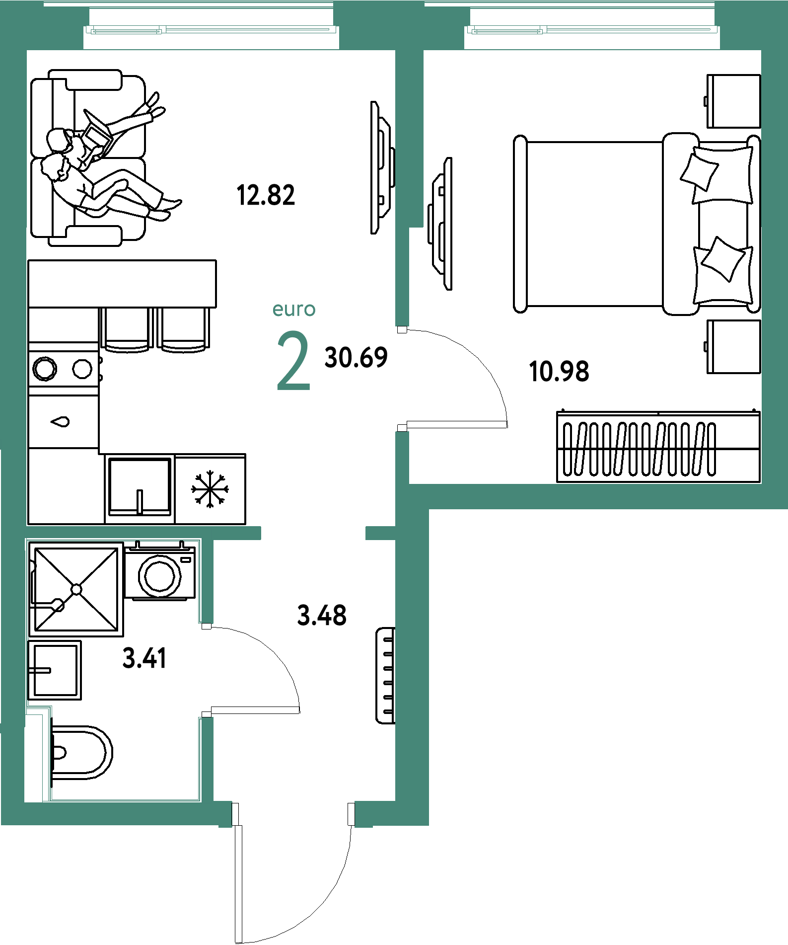 ЖК "Домашний"-2-комнатная 30.69 м²