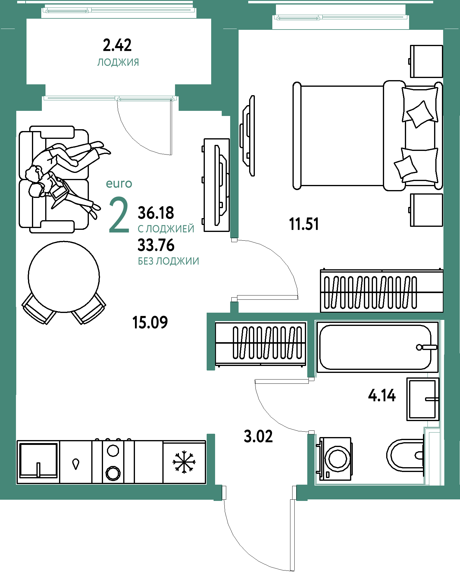 ЖК "Домашний"-2-комнатная 36.18 м²