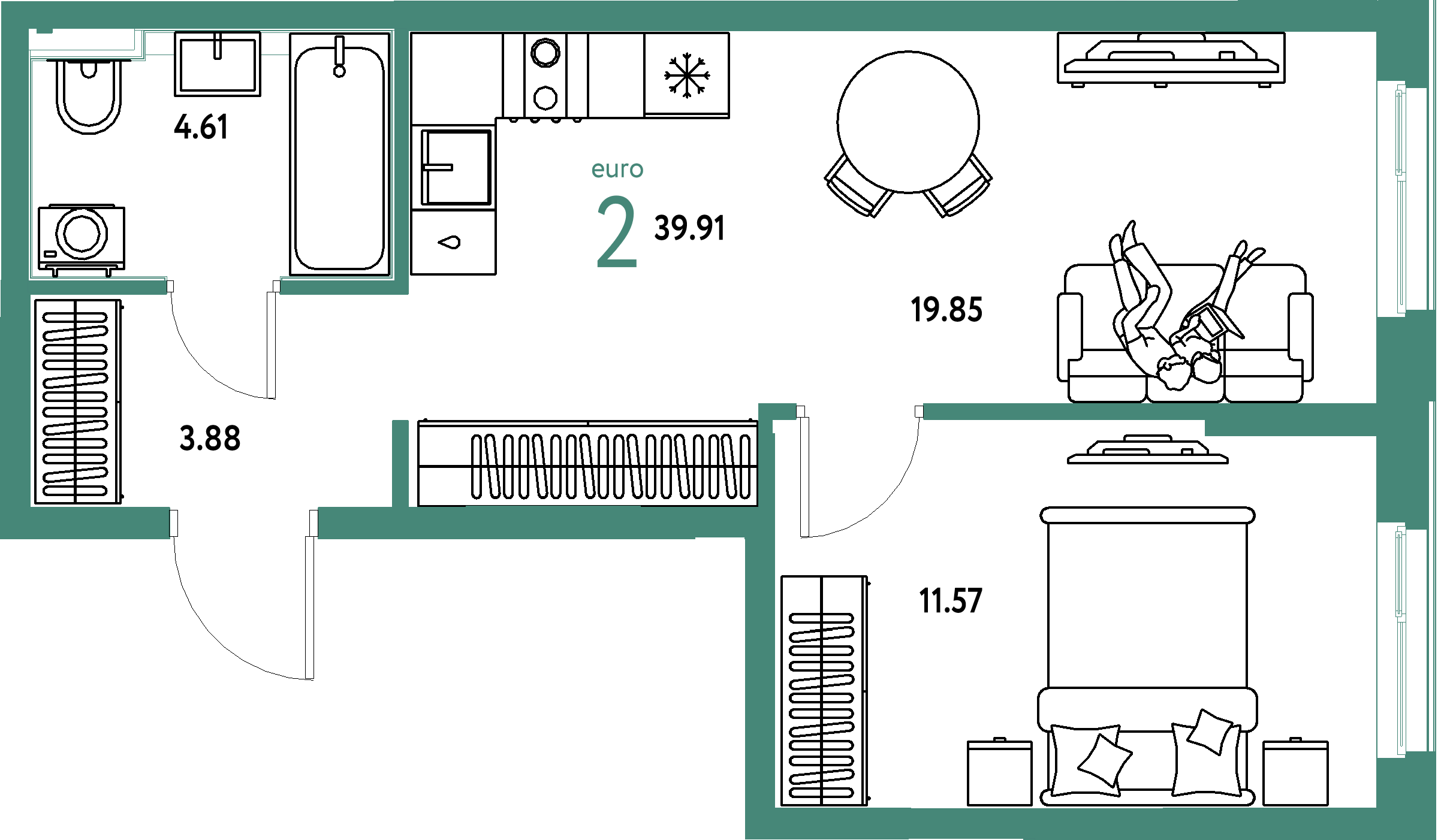 ЖК "Домашний"-2-комнатная 39.91 м²