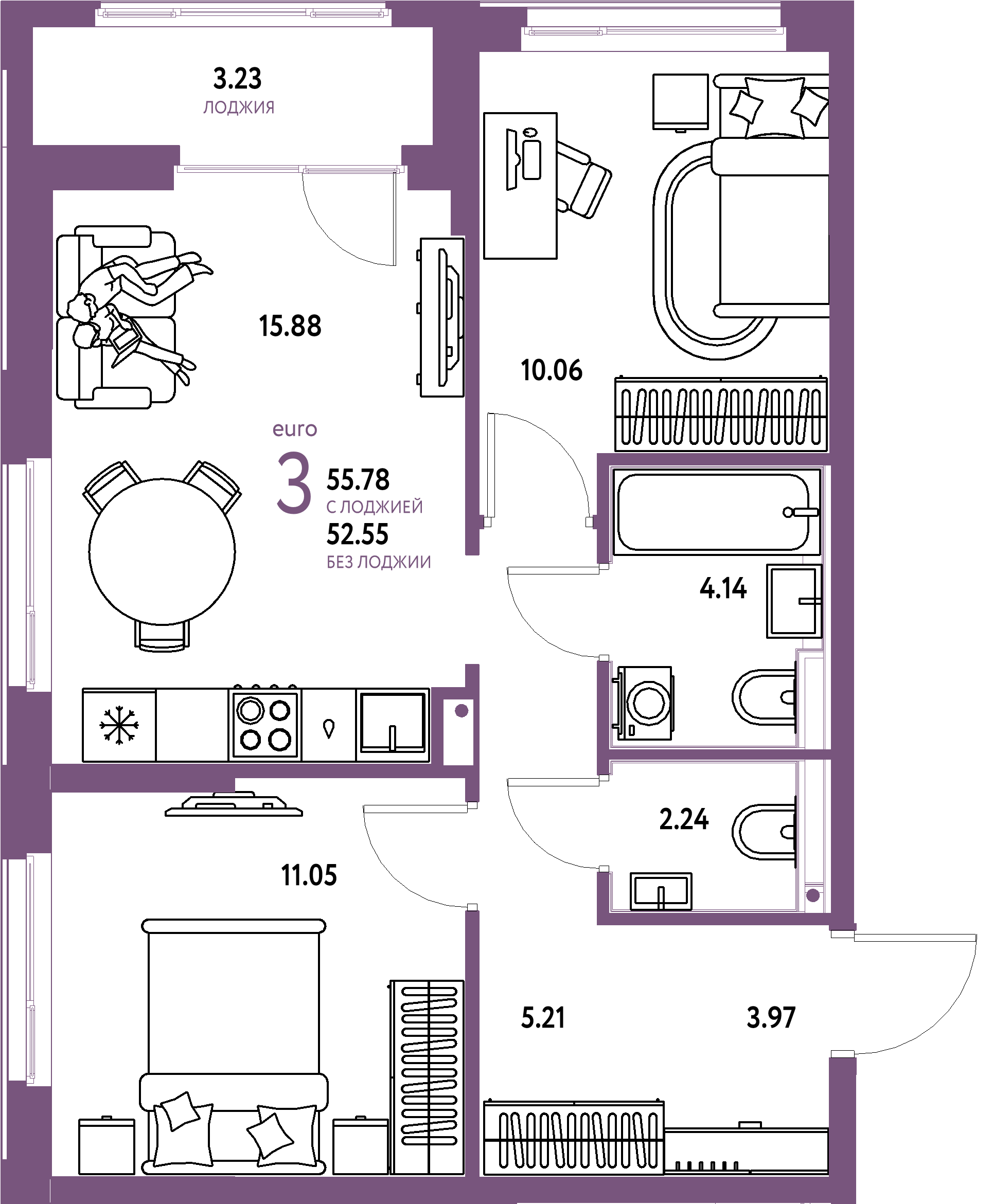 ЖК "Домашний"-3-комнатная 55.78 м²