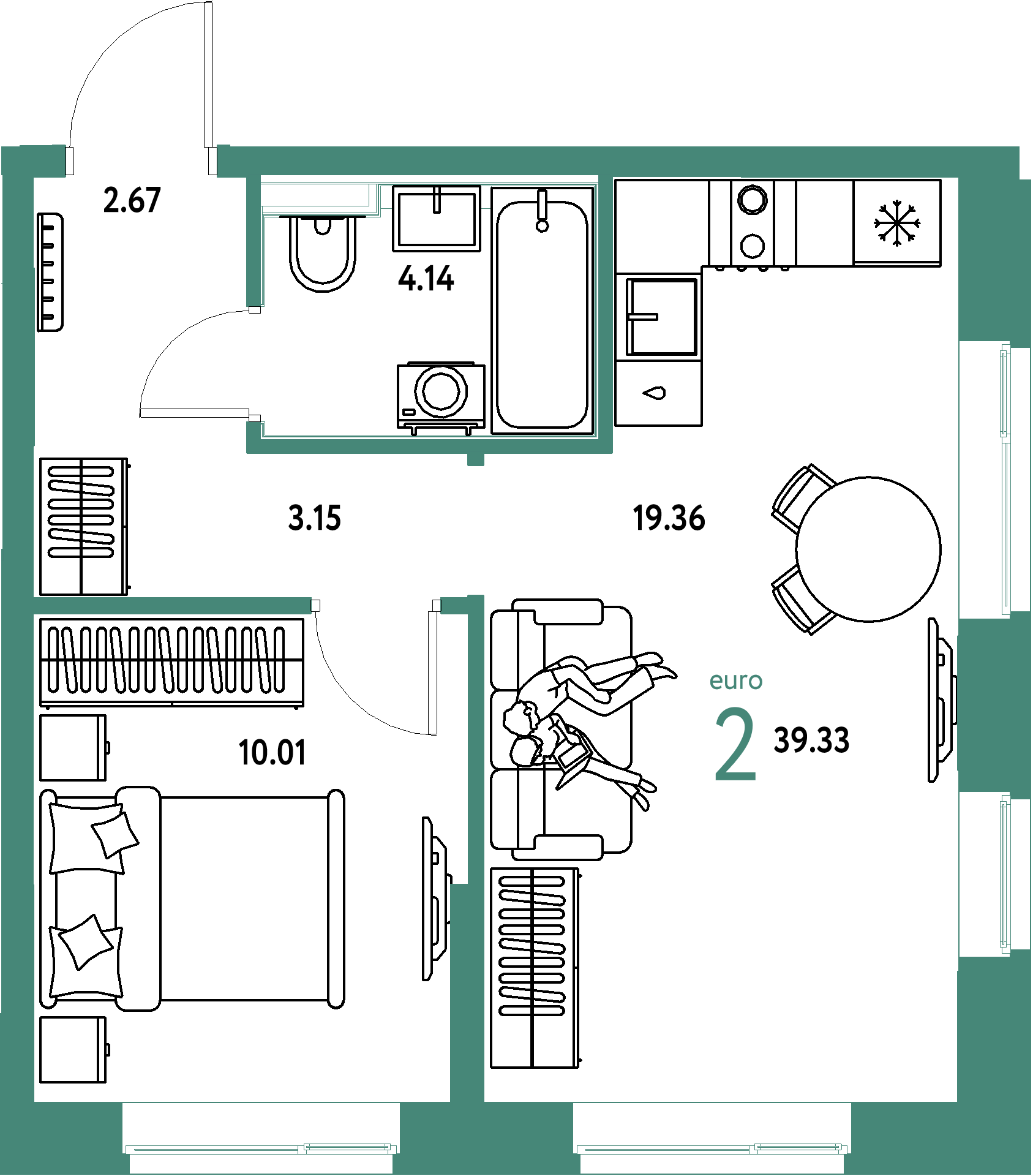 ЖК "Домашний"-2-комнатная 39.33 м²