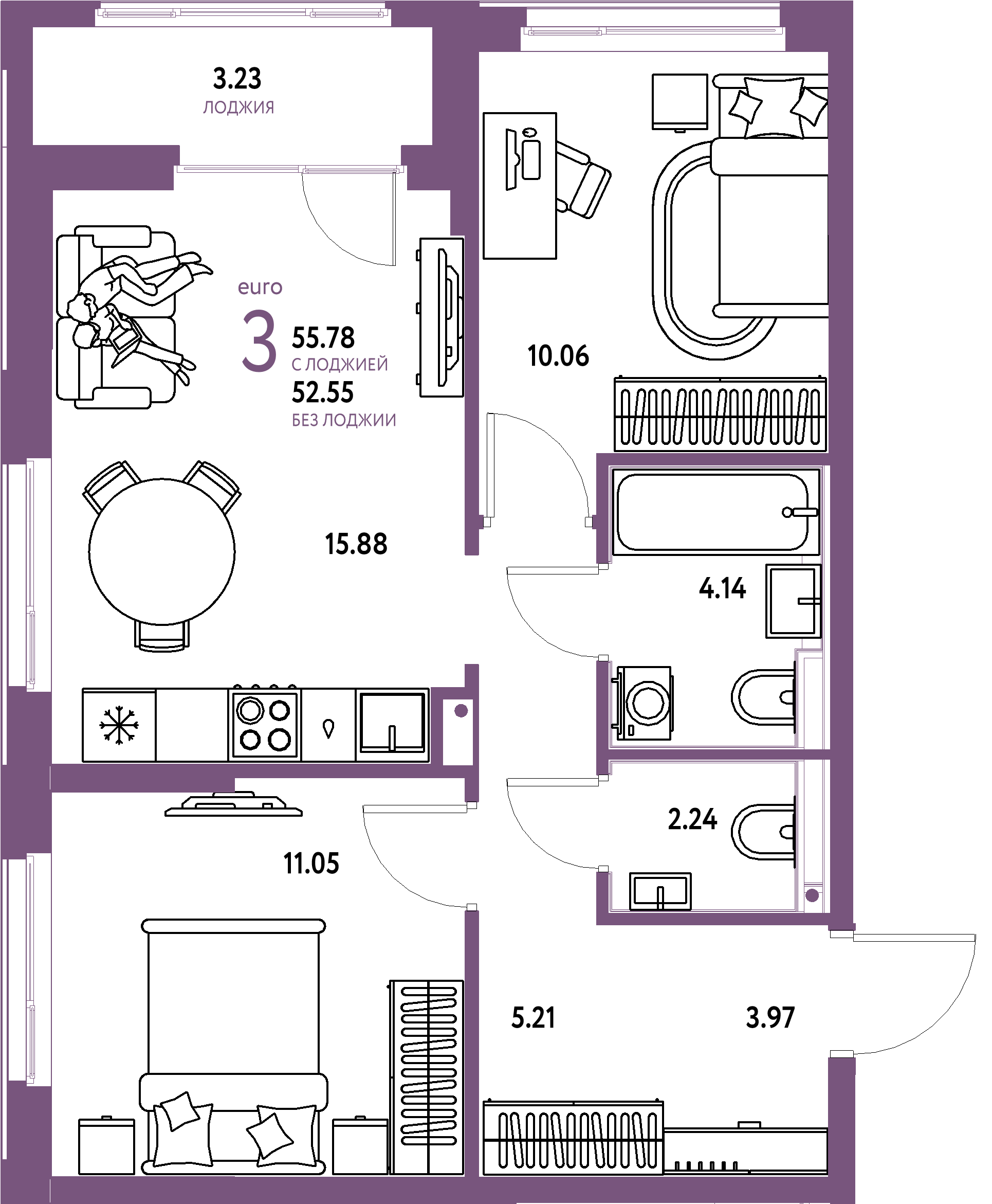 ЖК "Домашний"-3-комнатная 55.78 м²